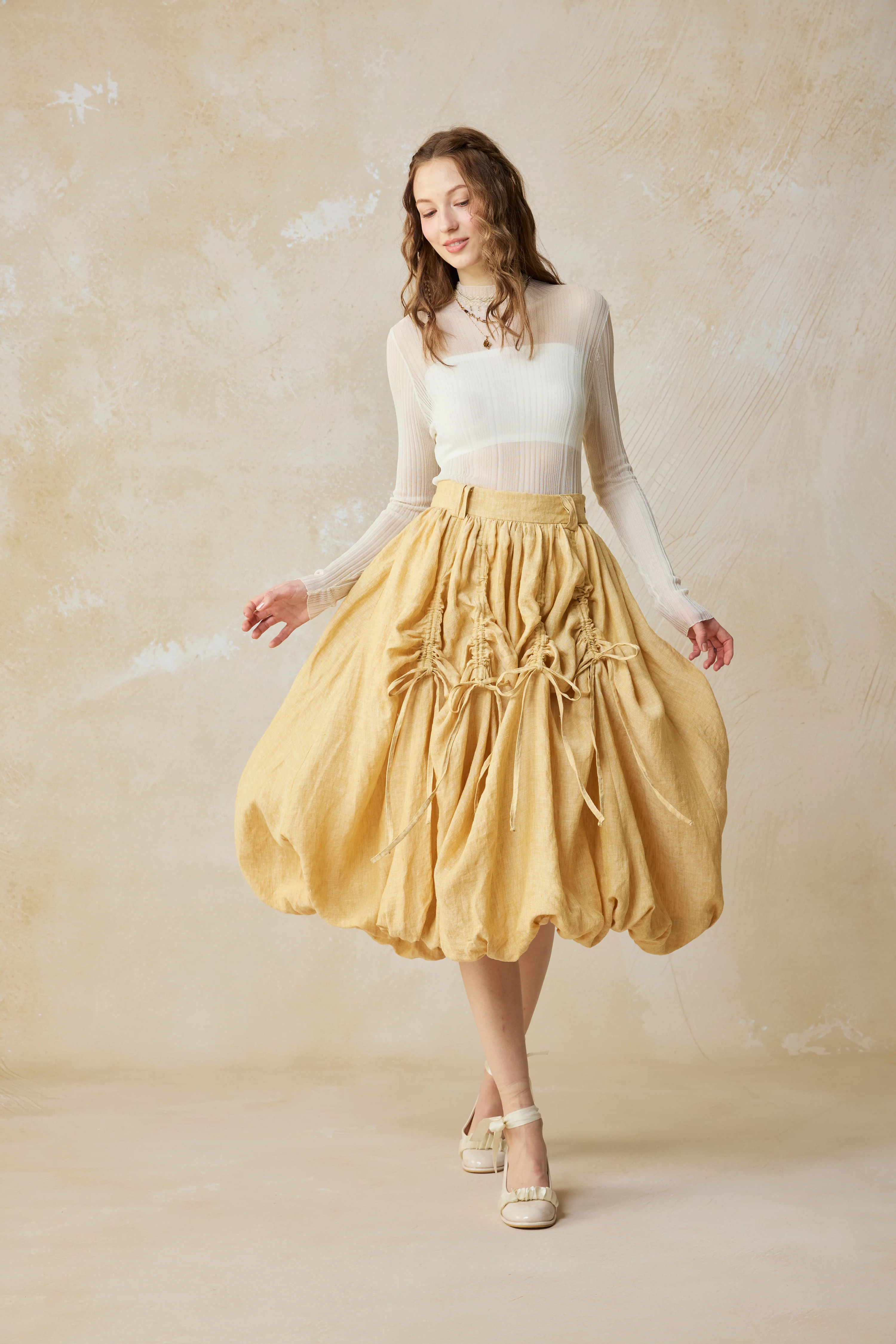 Camellia Bubble 22 | Drawstring Bubble Linen Skirt - Image 14