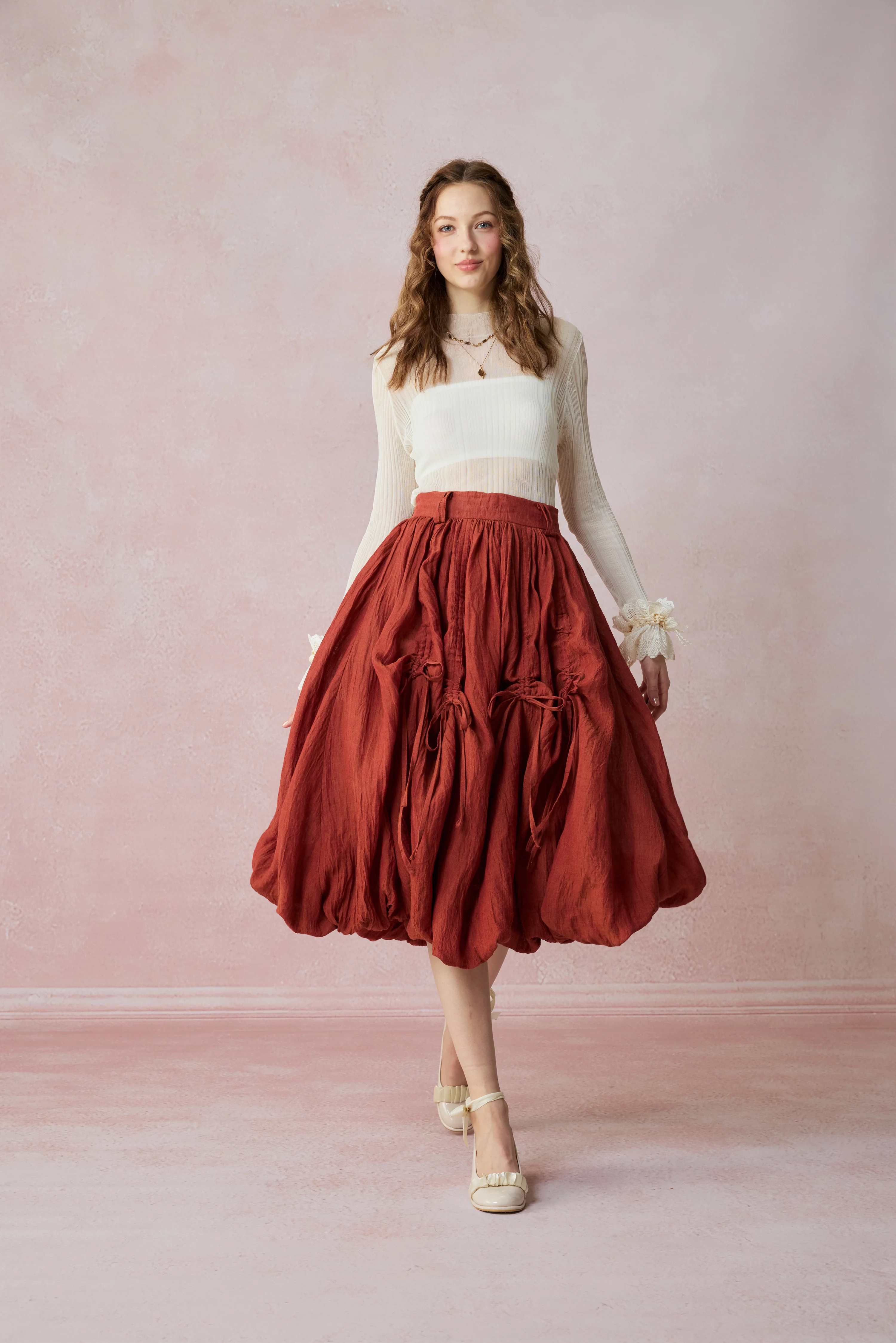 Camellia Bubble 22 | Drawstring Bubble Linen Skirt - Image 18
