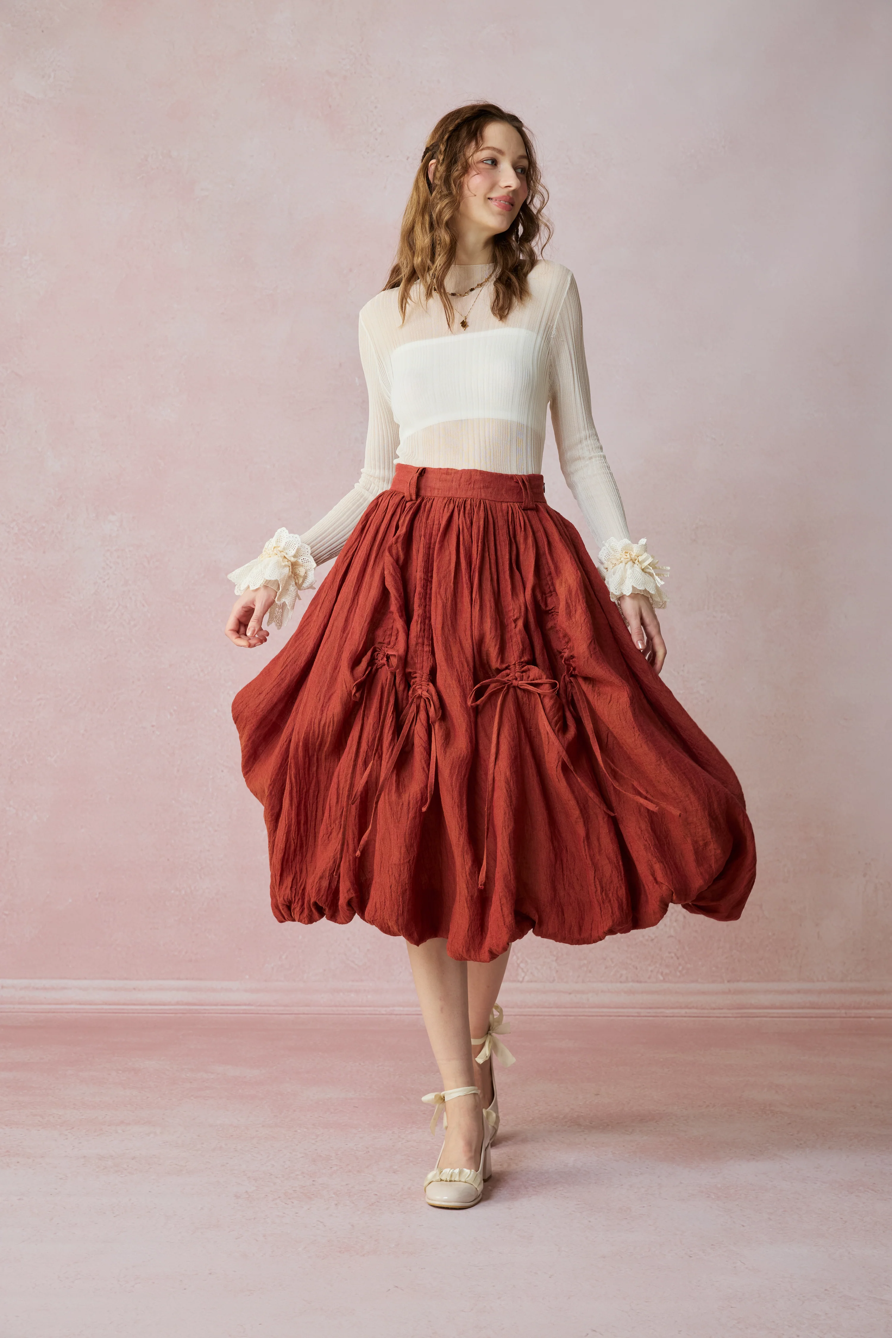 Camellia Bubble 22 | Drawstring Bubble Linen Skirt - Image 19