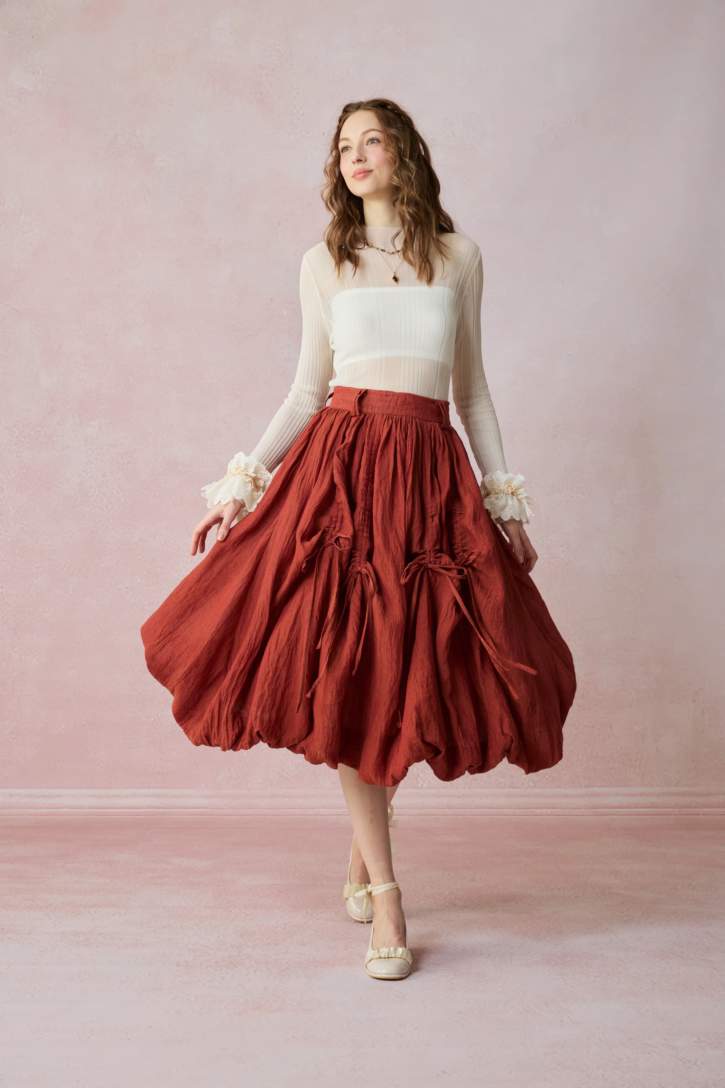 Camellia Bubble 22 | Drawstring Bubble Linen Skirt - Image 20