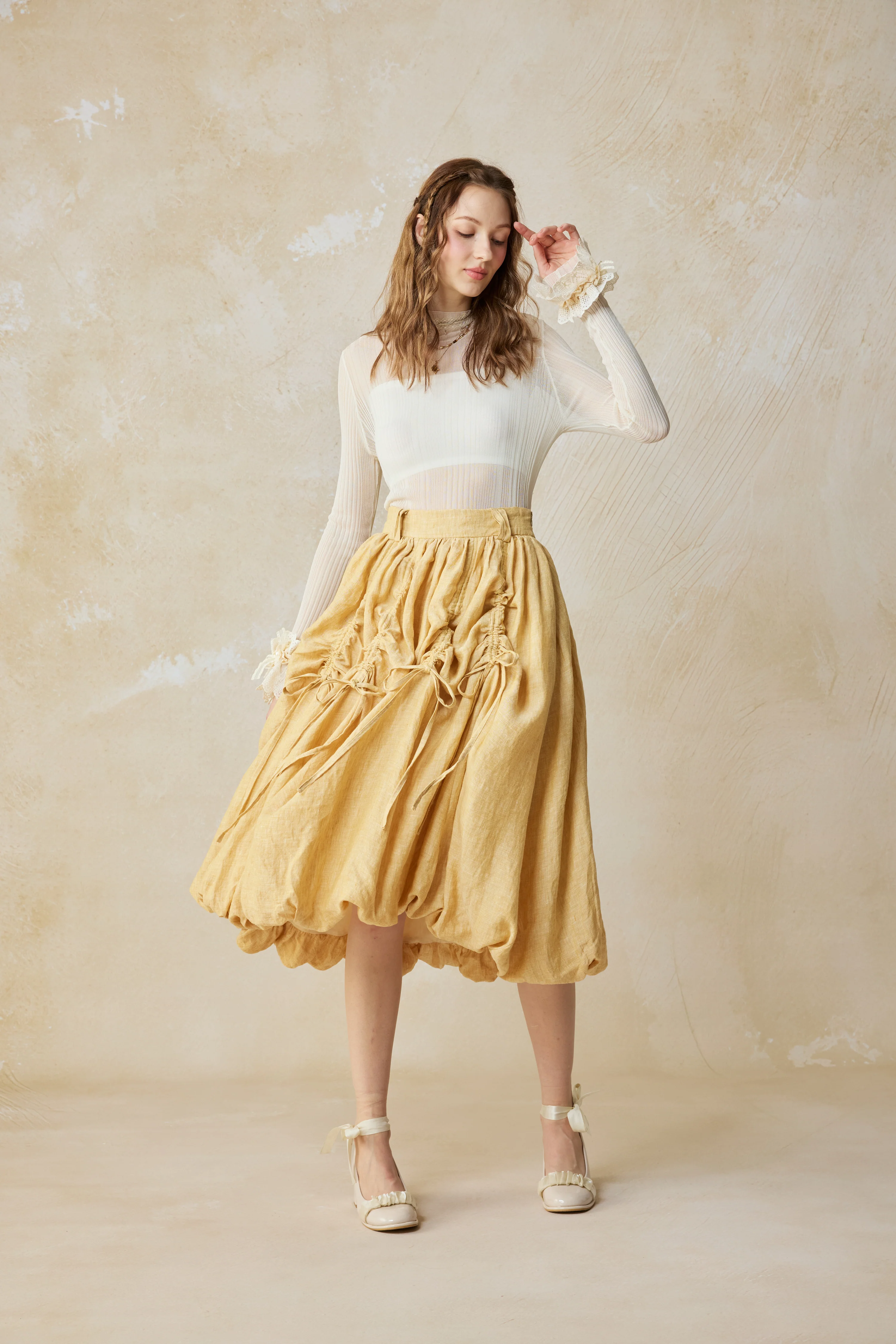 Camellia Bubble 22 | Drawstring Bubble Linen Skirt - Image 12