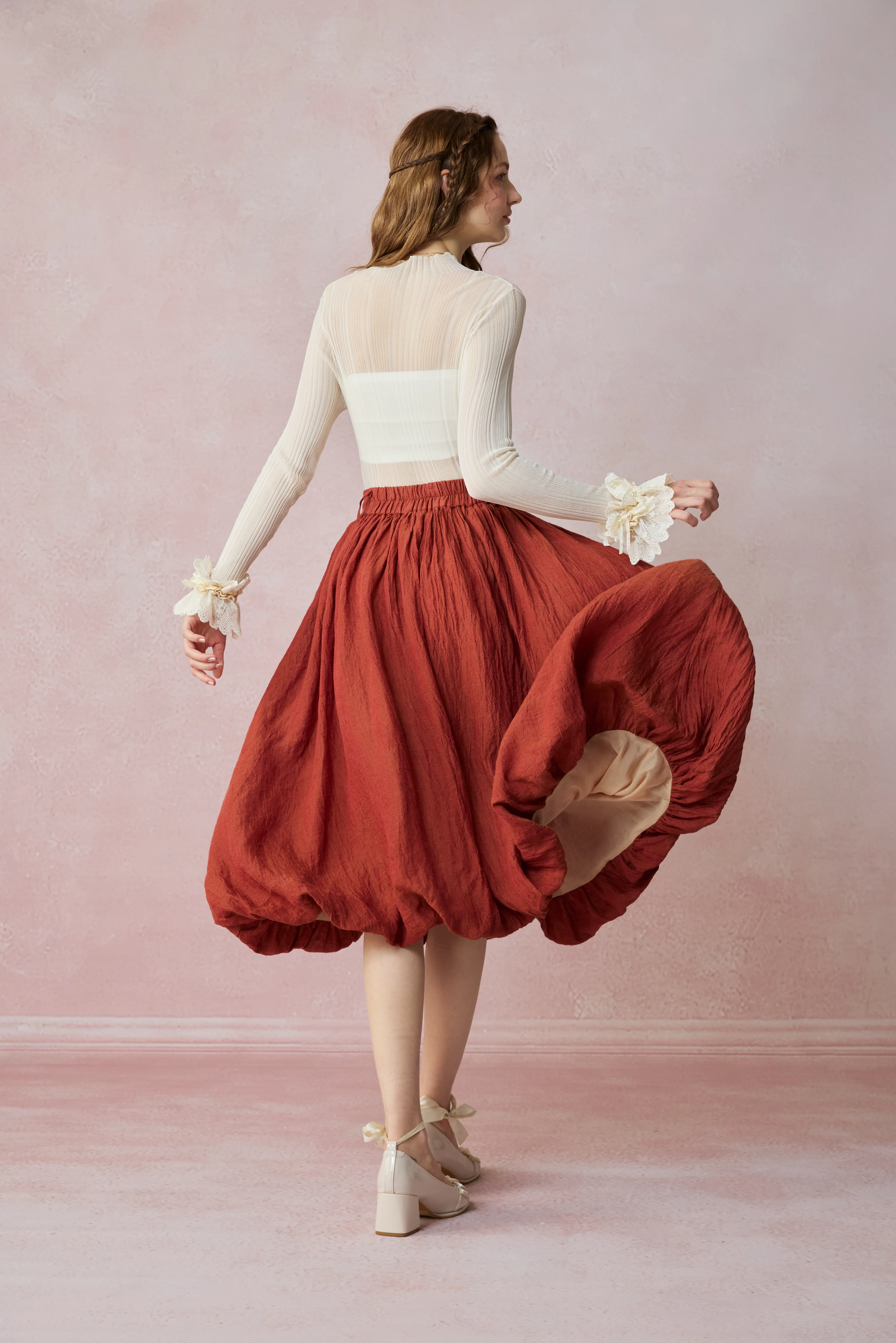 Camellia Bubble 22 | Drawstring Bubble Linen Skirt - Image 4