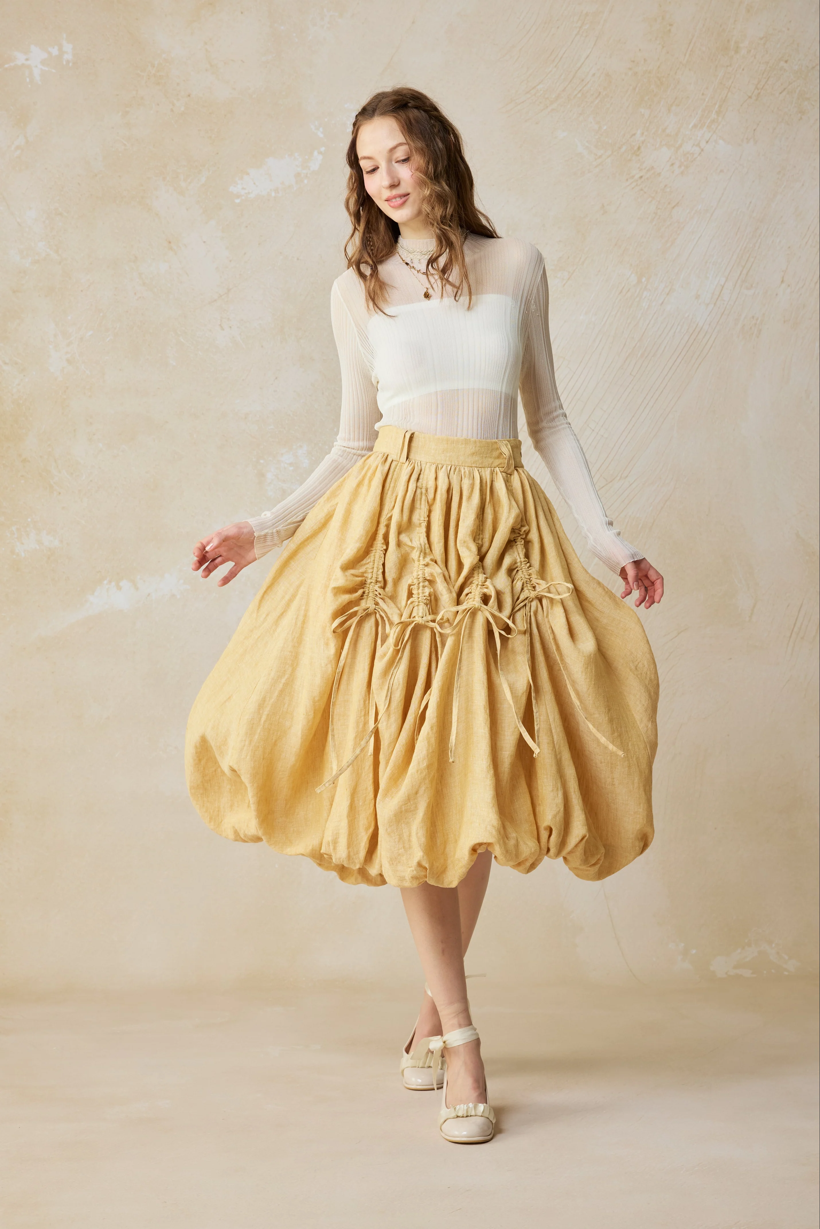 Camellia Bubble 22 | Drawstring Bubble Linen Skirt - Image 9