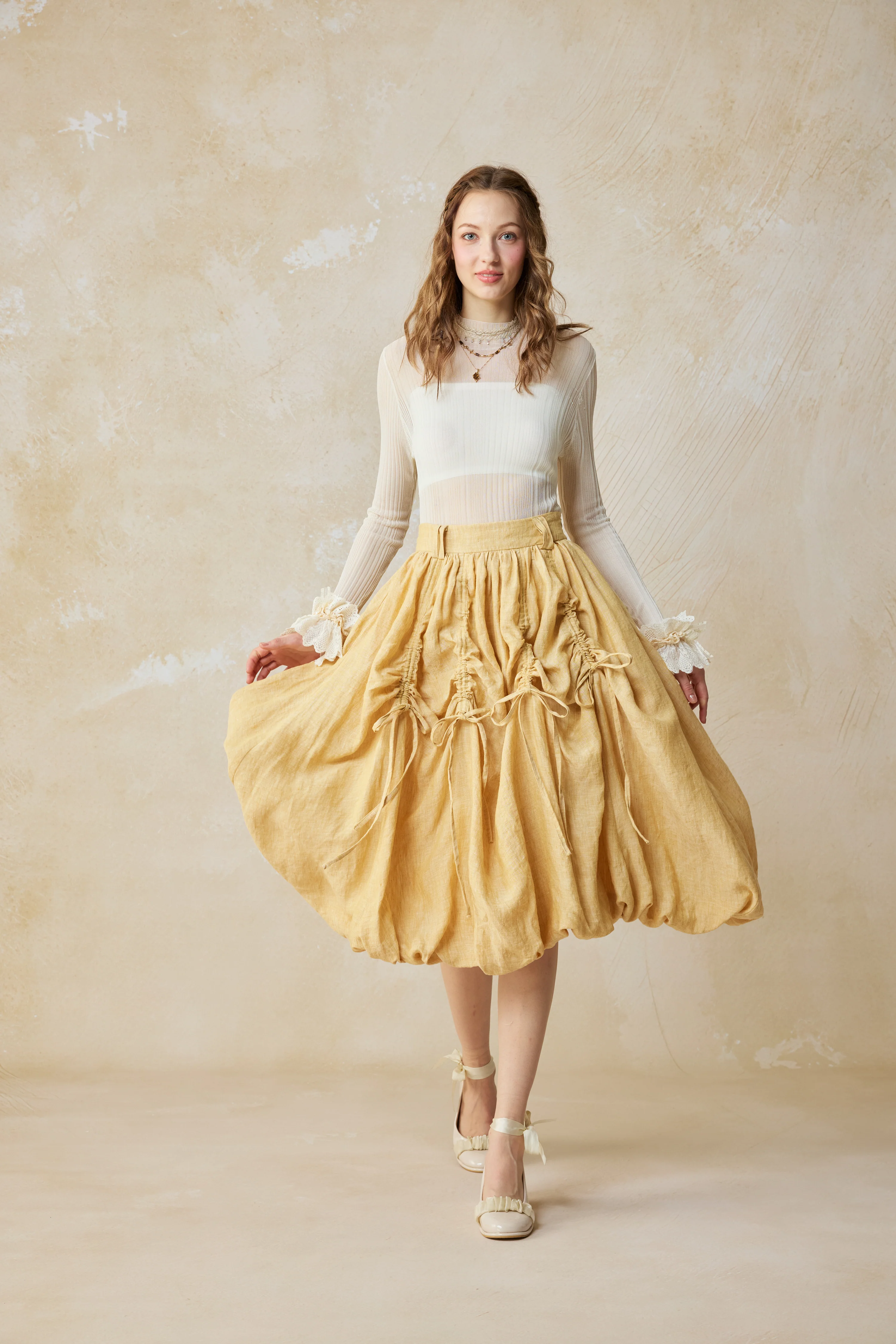Camellia Bubble 22 | Drawstring Bubble Linen Skirt - Image 10