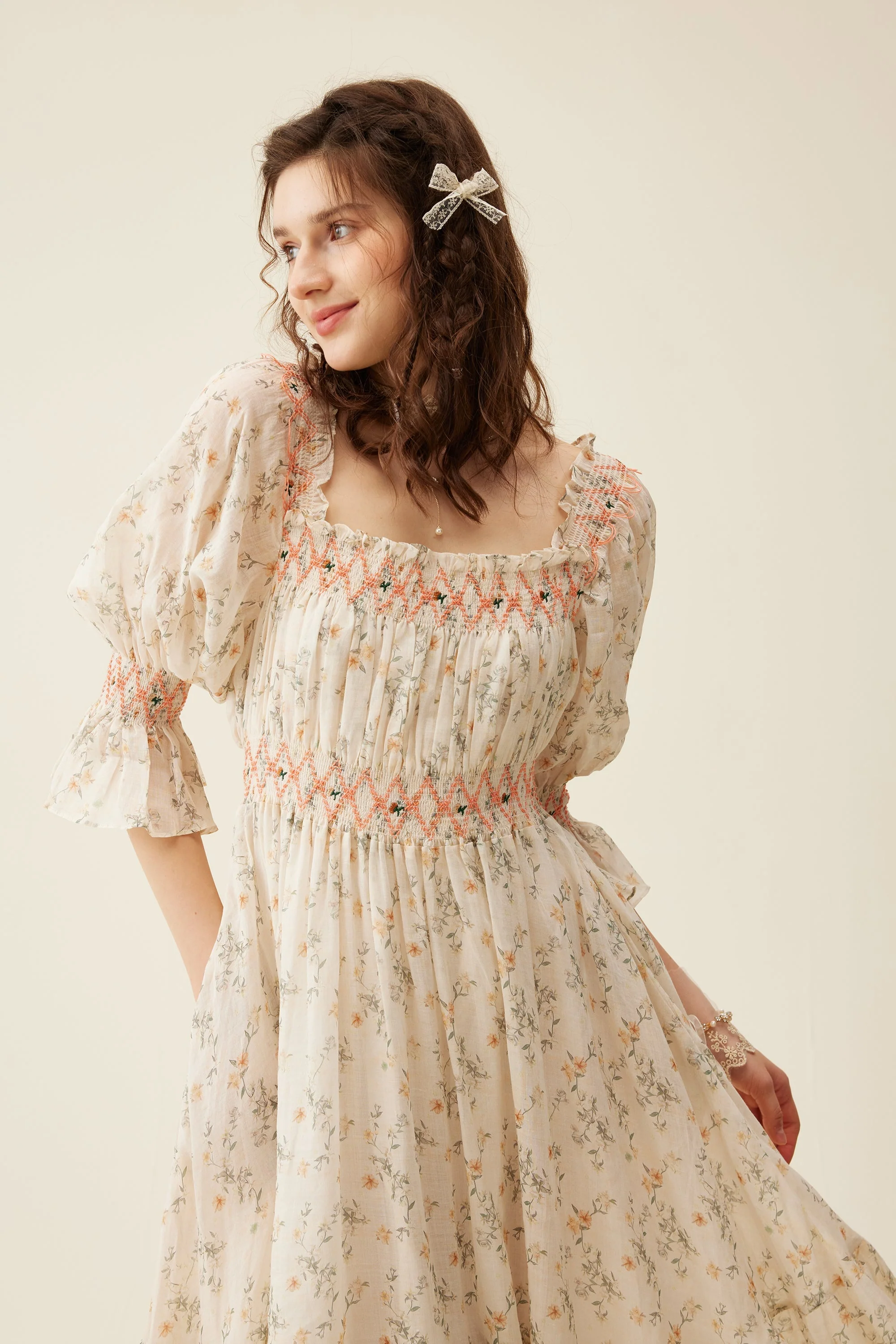 Cloud 21 | smocking embroidery linen dress - Image 46