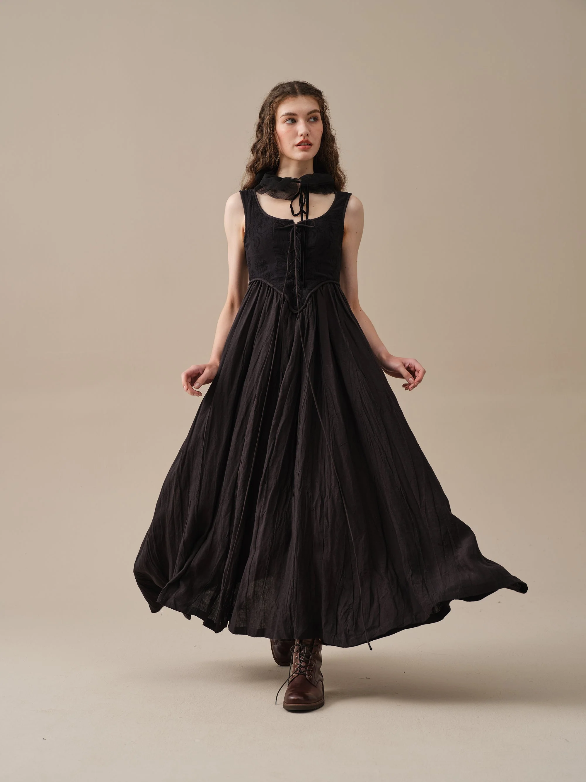 Anis 23 | Lace-up Jacquard Linen Corset Dress - Image 26