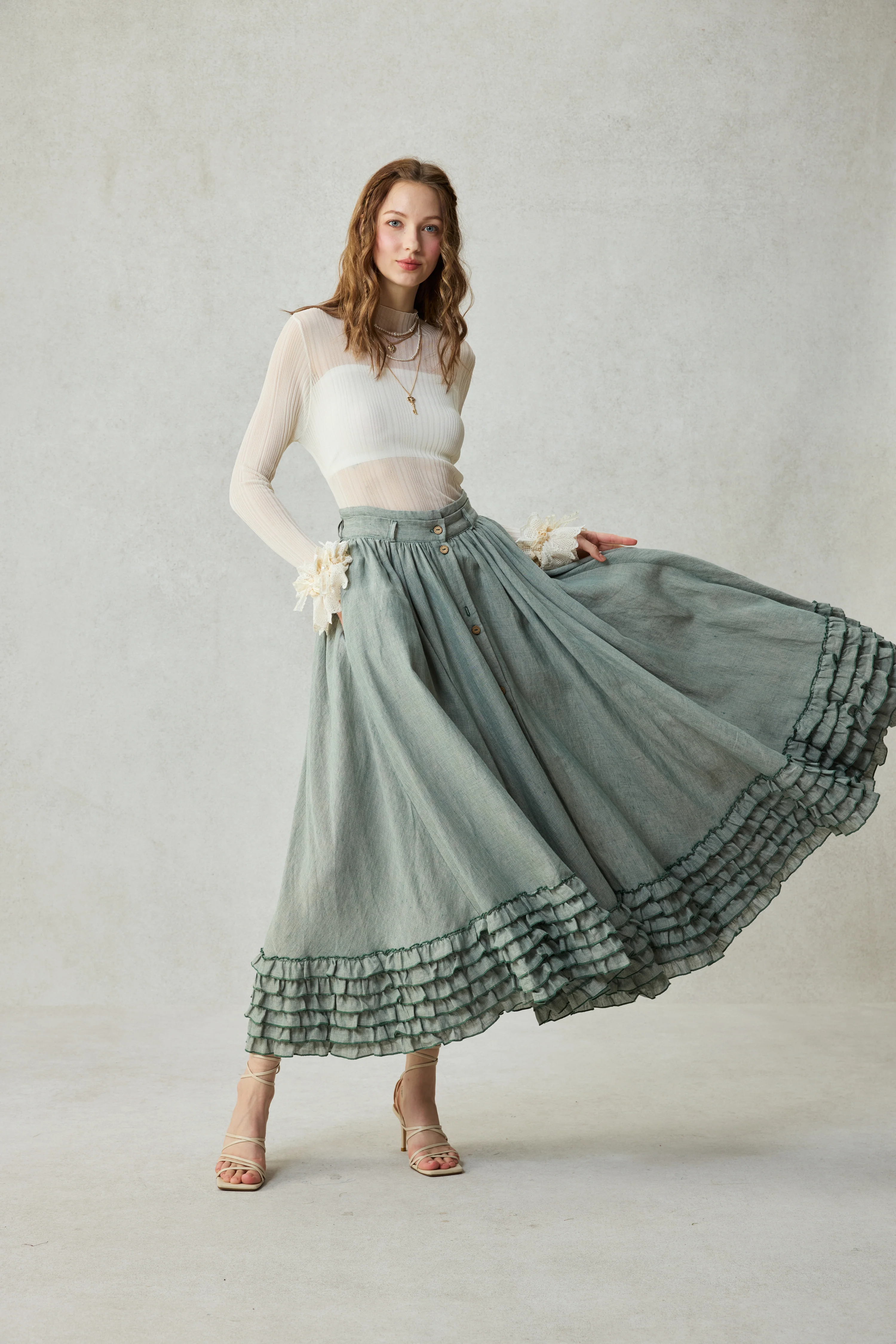 Dorothy 27 | Ruffled maxi linen skirt - Image 27