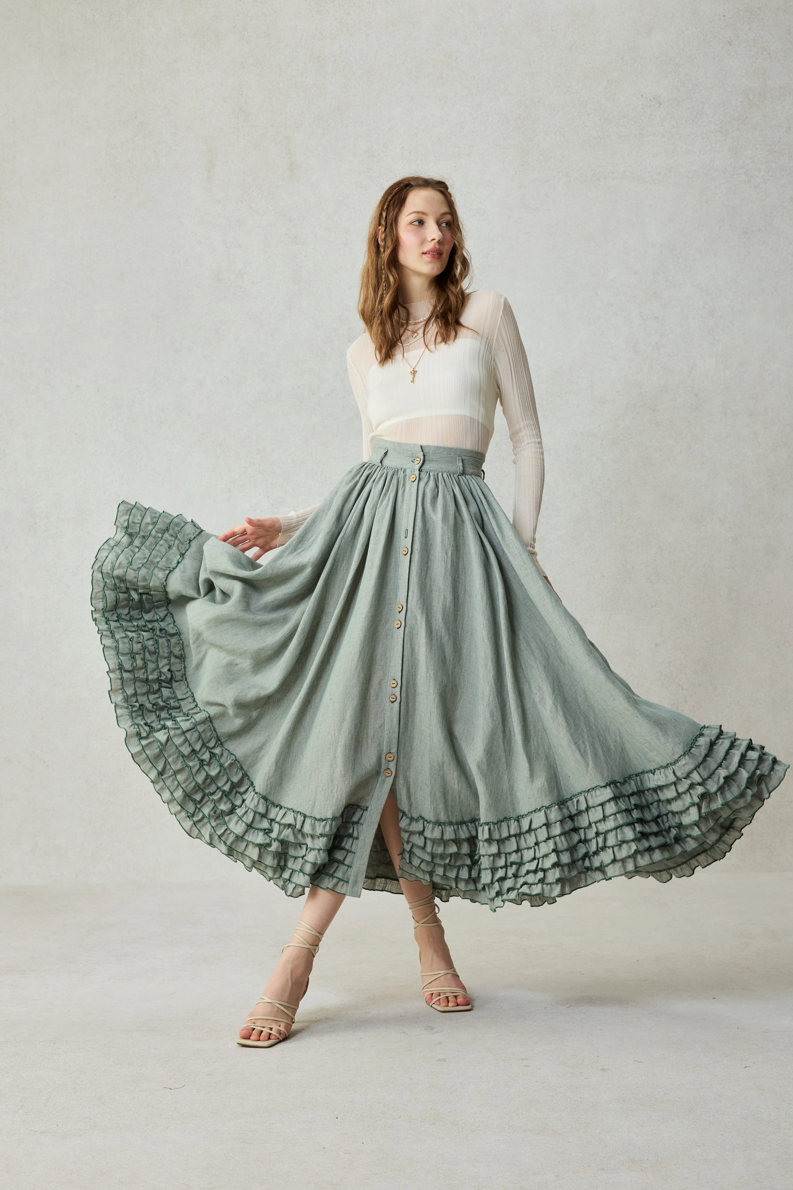 Dorothy 27 | Ruffled maxi linen skirt - Image 28