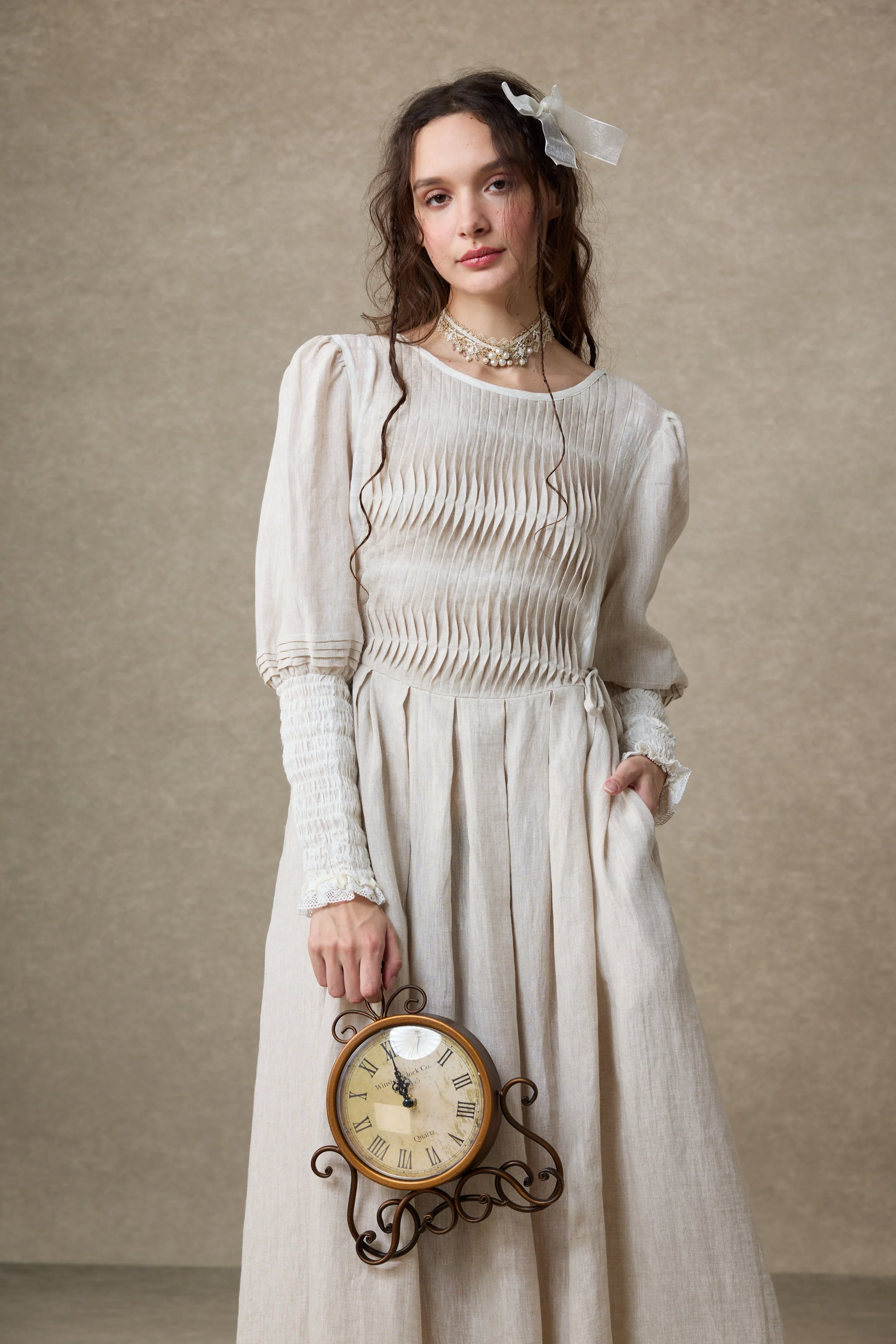 Eliana 15 | Pintucked Patchwork Linen Dress - Image 11