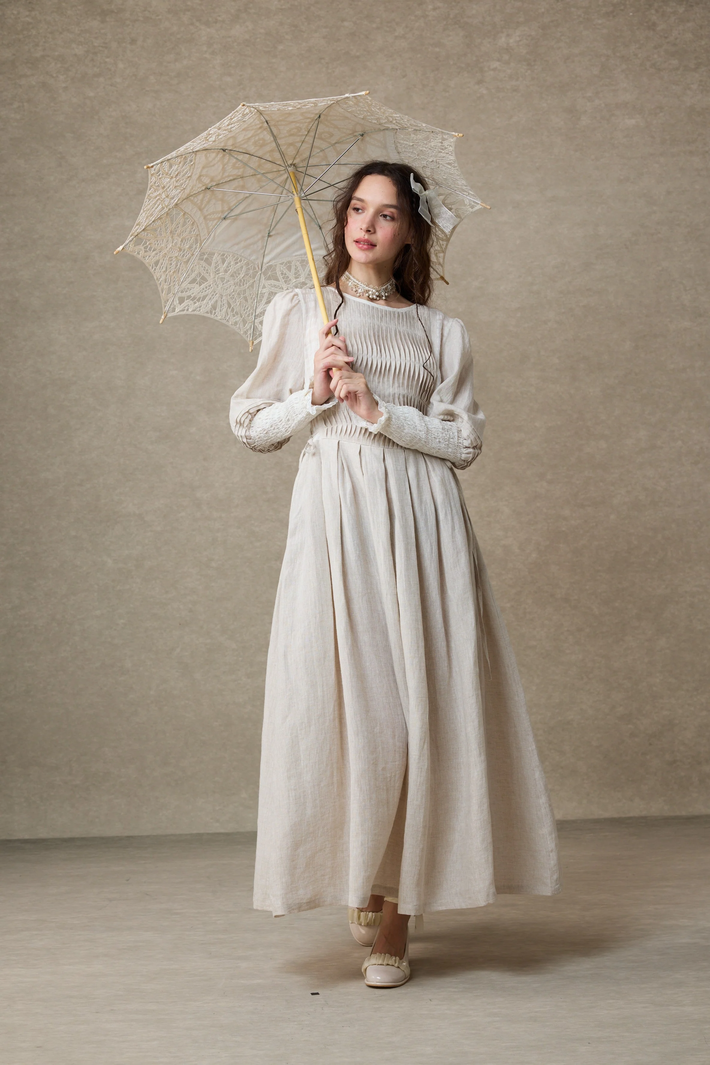 Eliana 15 | Pintucked Patchwork Linen Dress - Image 12