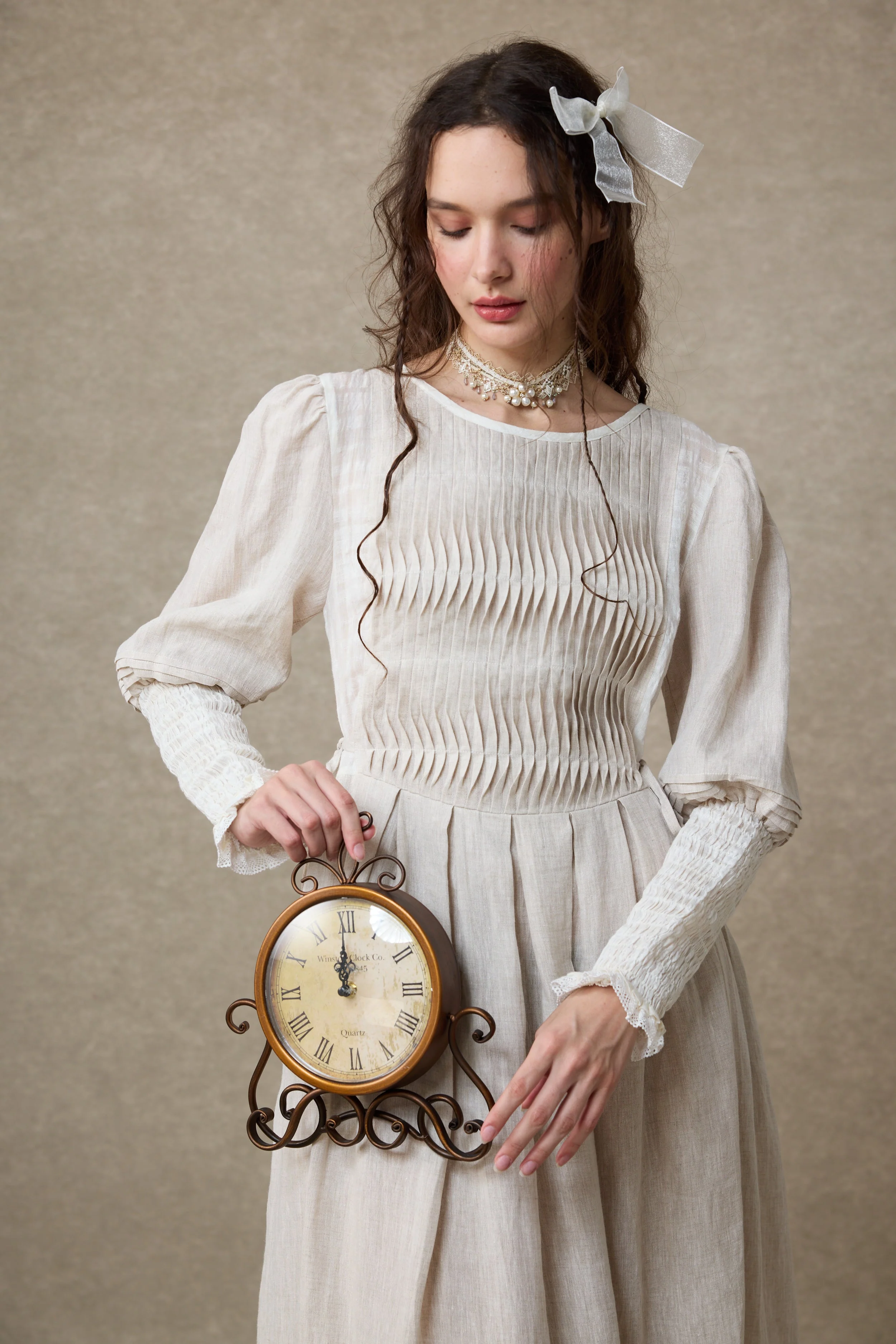 Eliana 15 | Pintucked Patchwork Linen Dress - Image 15