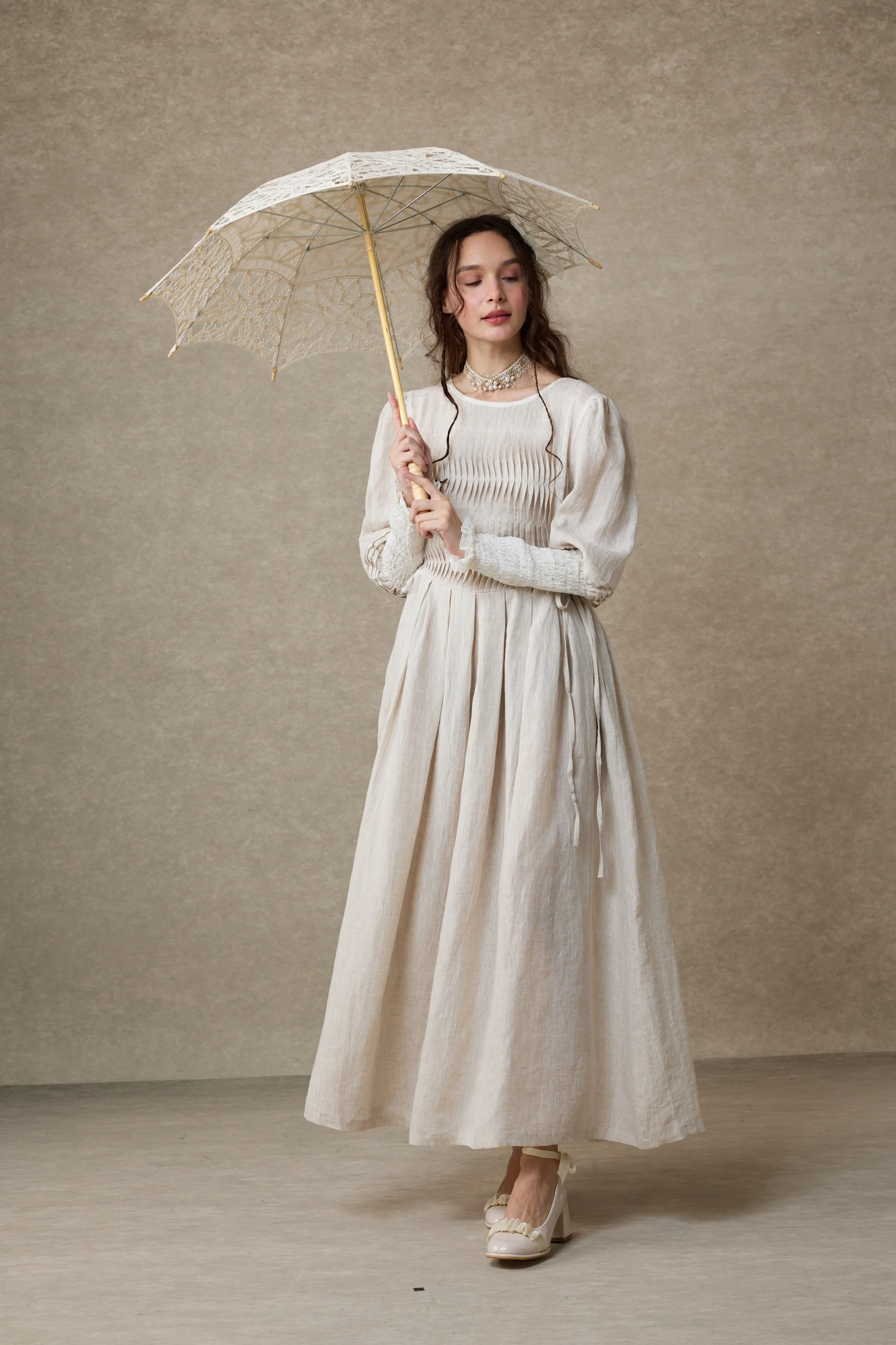 Eliana 15 | Pintucked Patchwork Linen Dress - Image 16