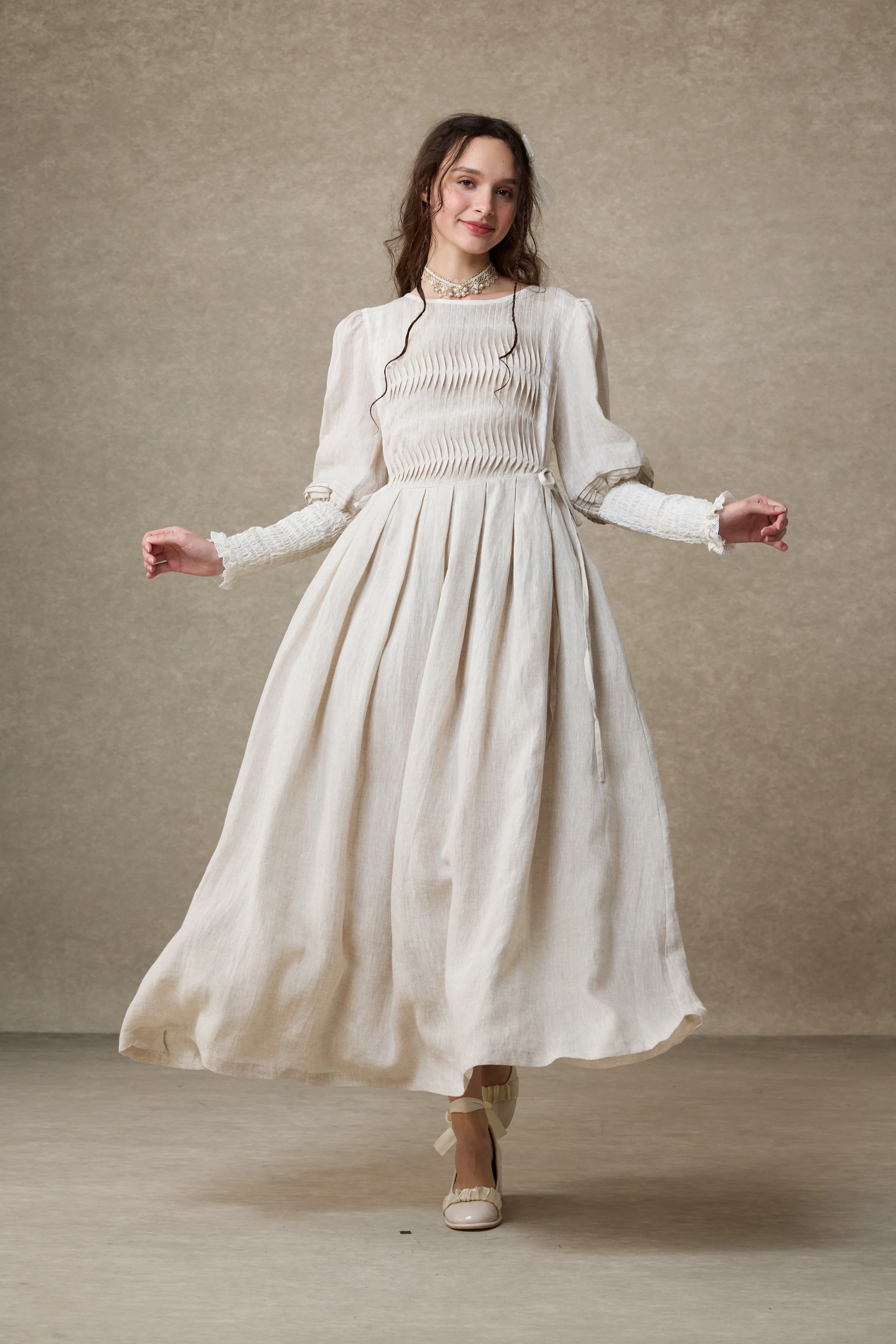 Eliana 15 | Pintucked Patchwork Linen Dress - Image 9