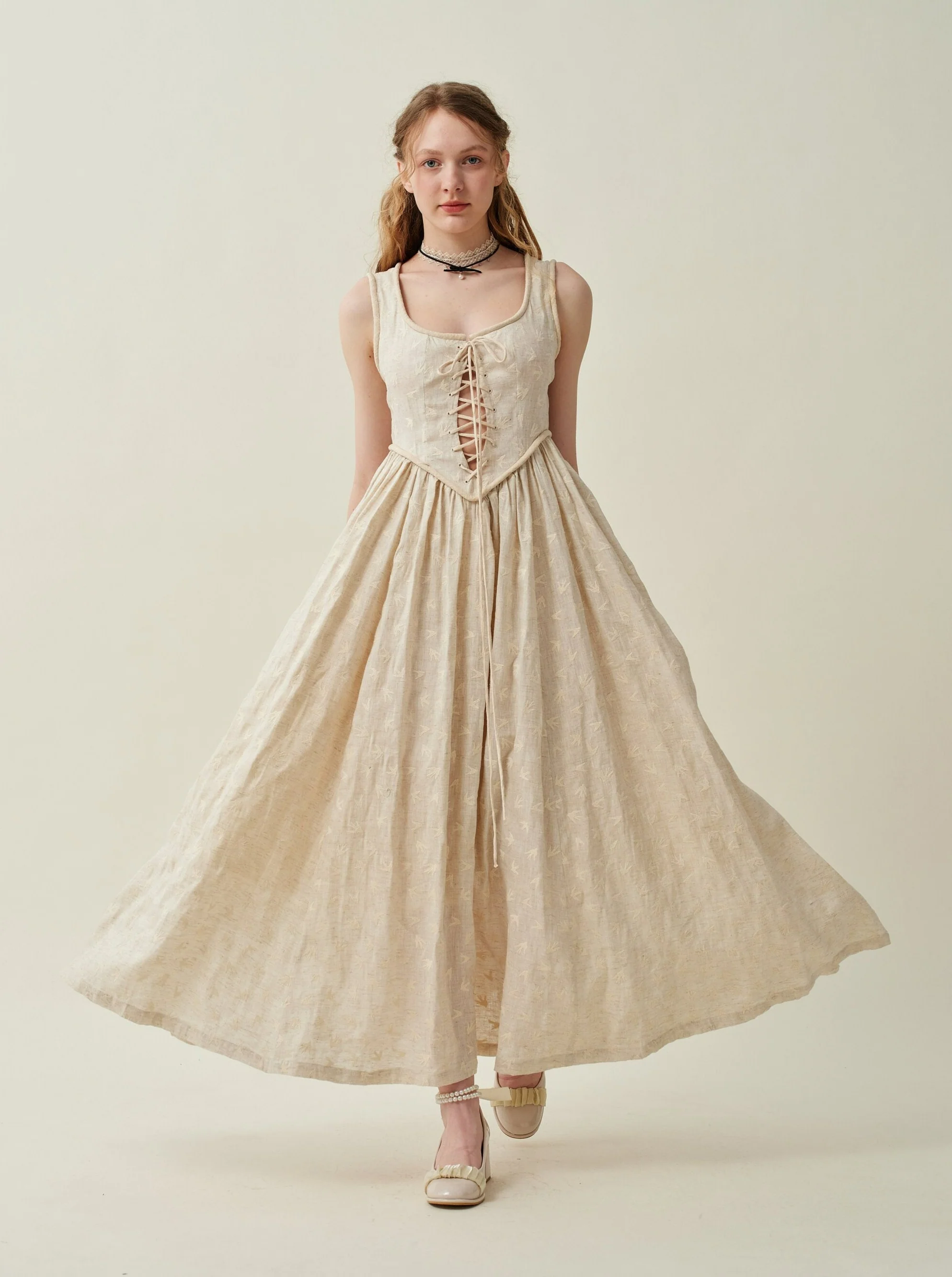 Anis 23 | Lace-up Jacquard Linen Corset Dress - Image 9