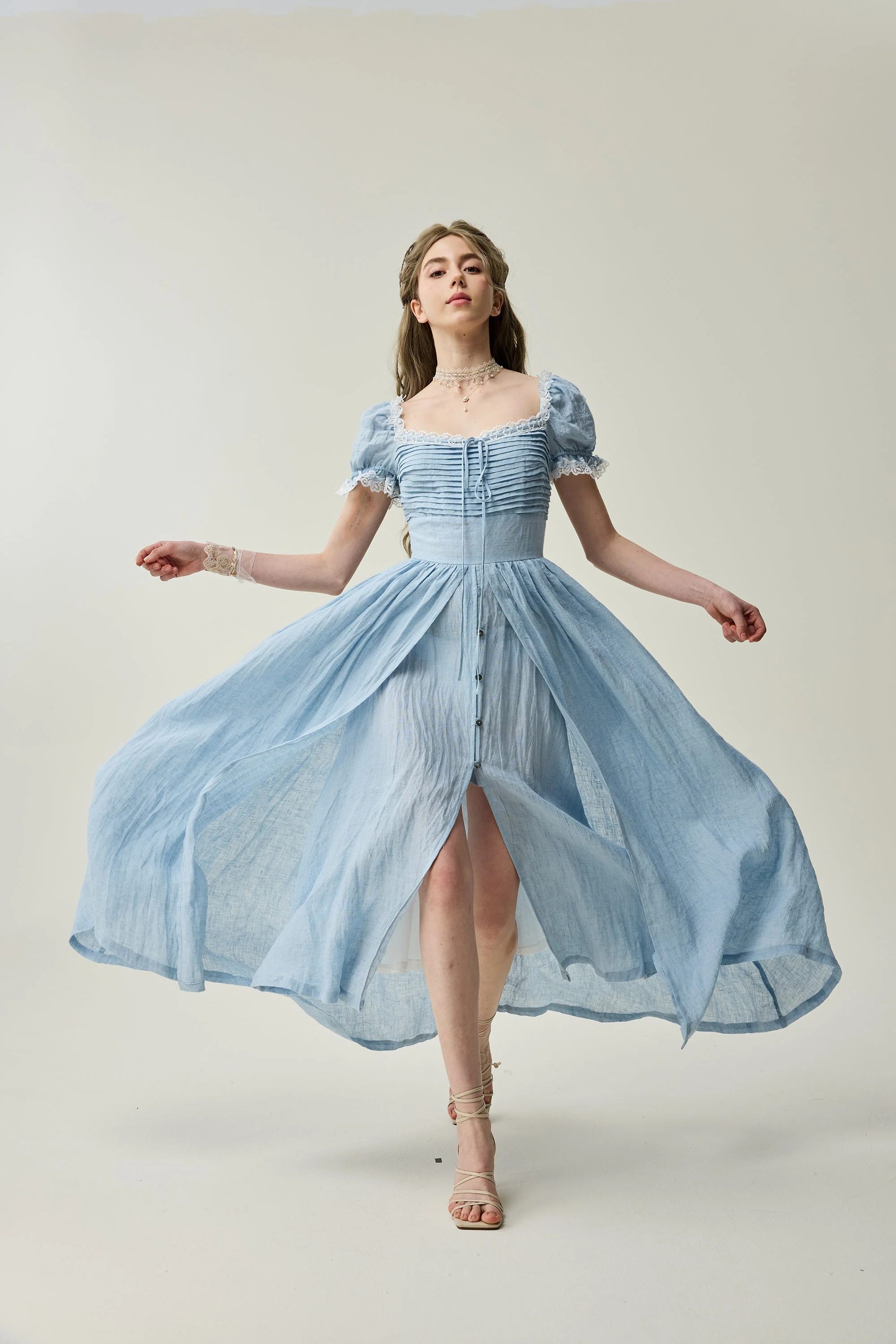 Monet Haze 26 | Fairy layered Linen Dress with pintucks - Image 10