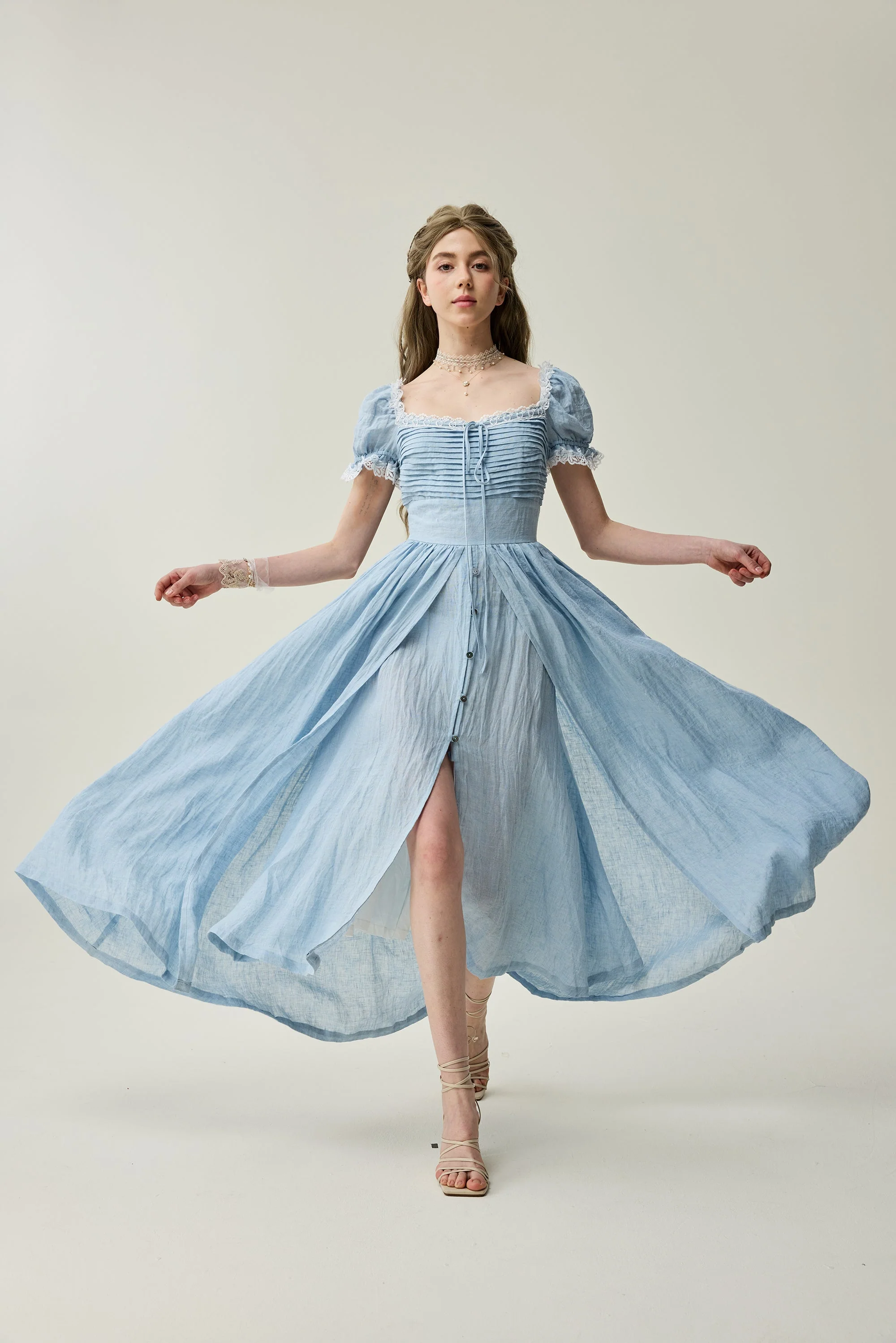 Monet Haze 26 | Fairy layered Linen Dress with pintucks - Image 11
