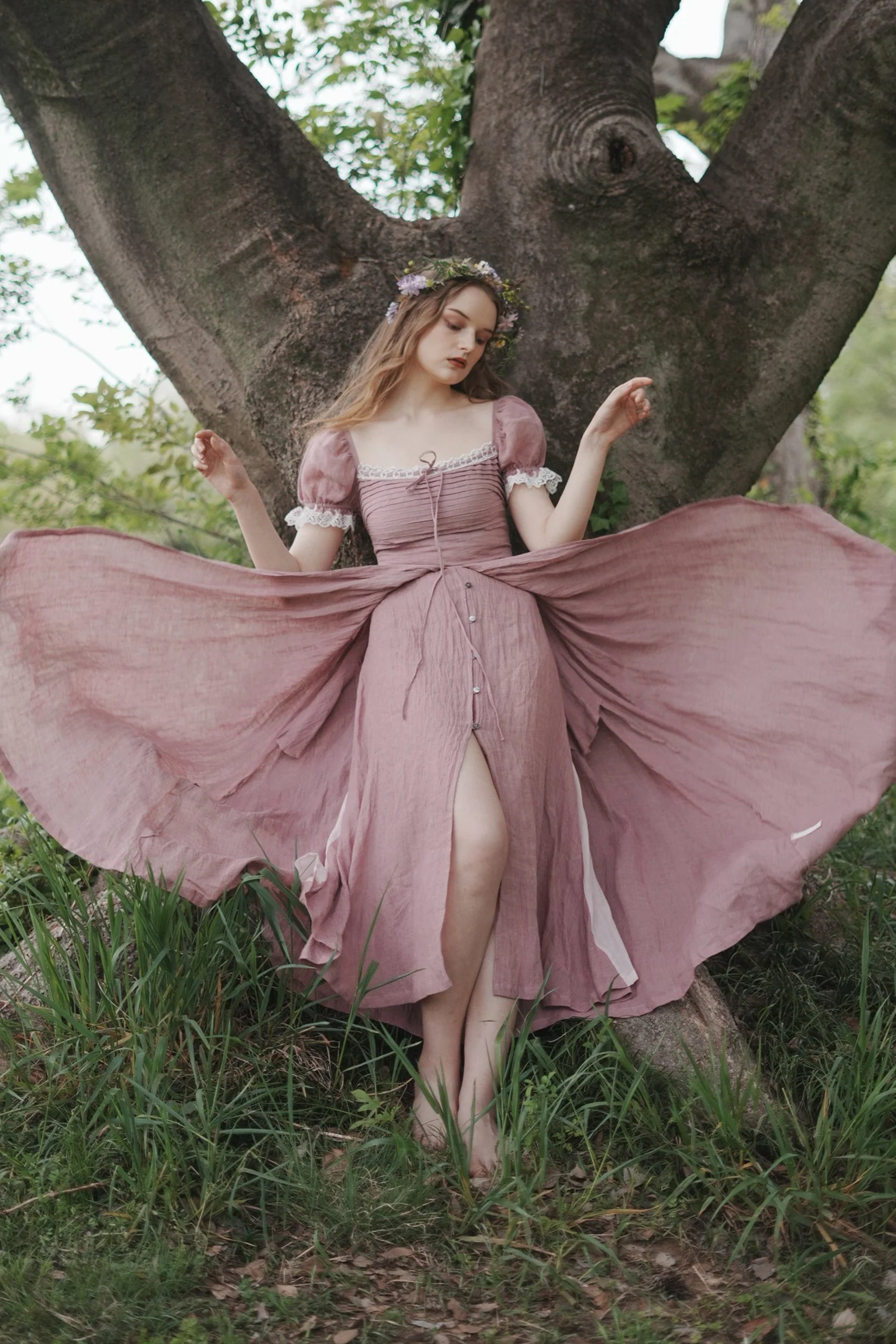 Monet Haze 26 | Fairy layered Linen Dress with pintucks - Image 3