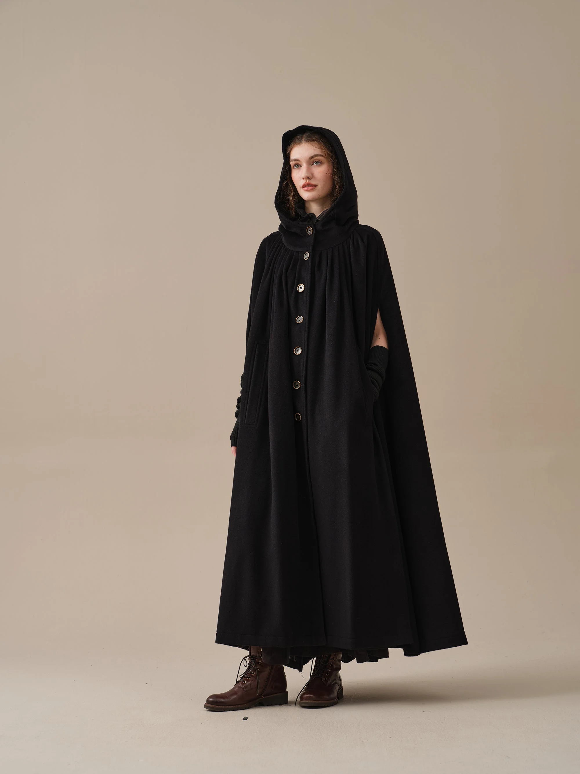 ARIEL 14 | HOODED WOOL CLOAK COAT - Image 21