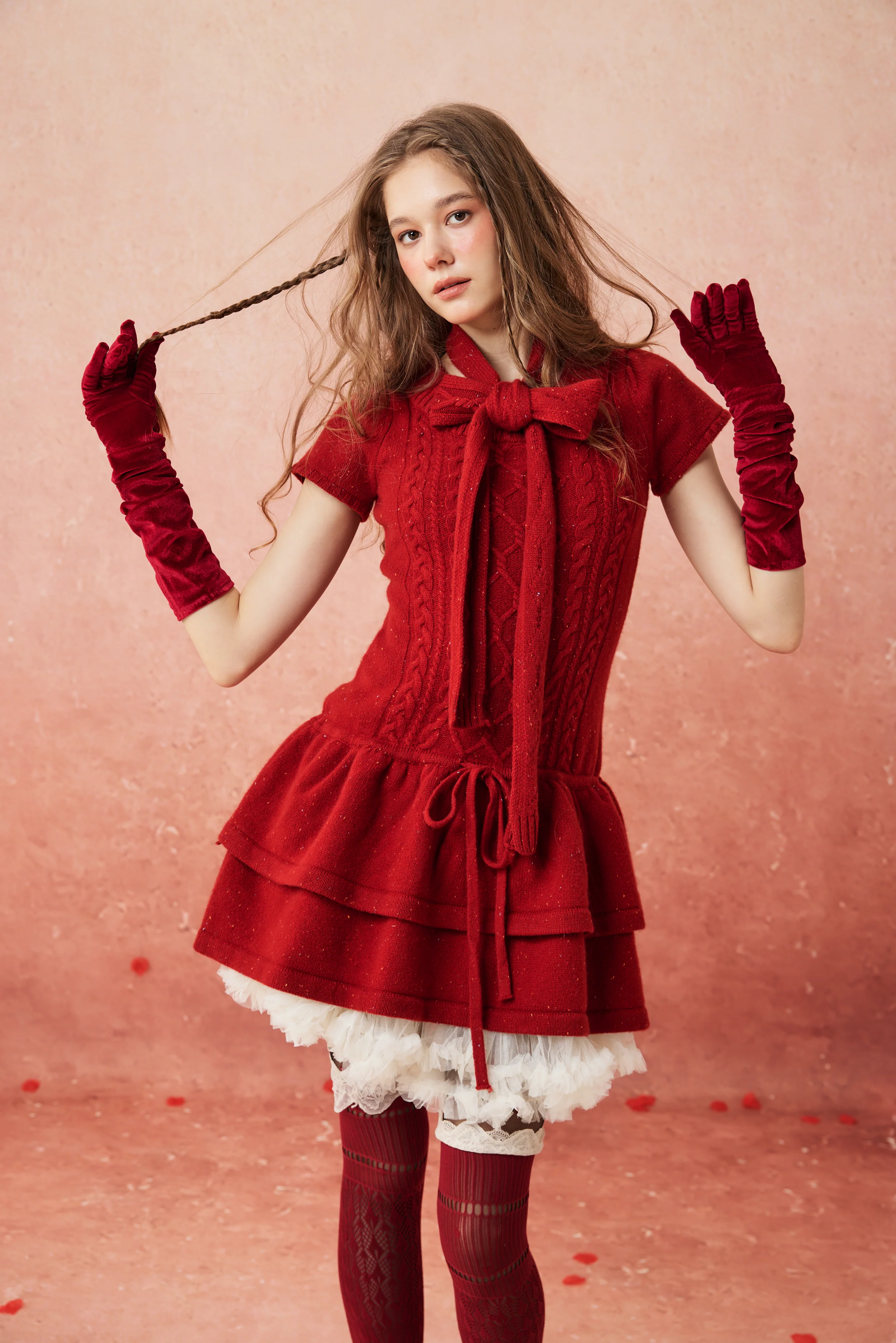 Lilypond 13 | 100% Wool Cable Knit Tiered Dress with scarf - Image 11