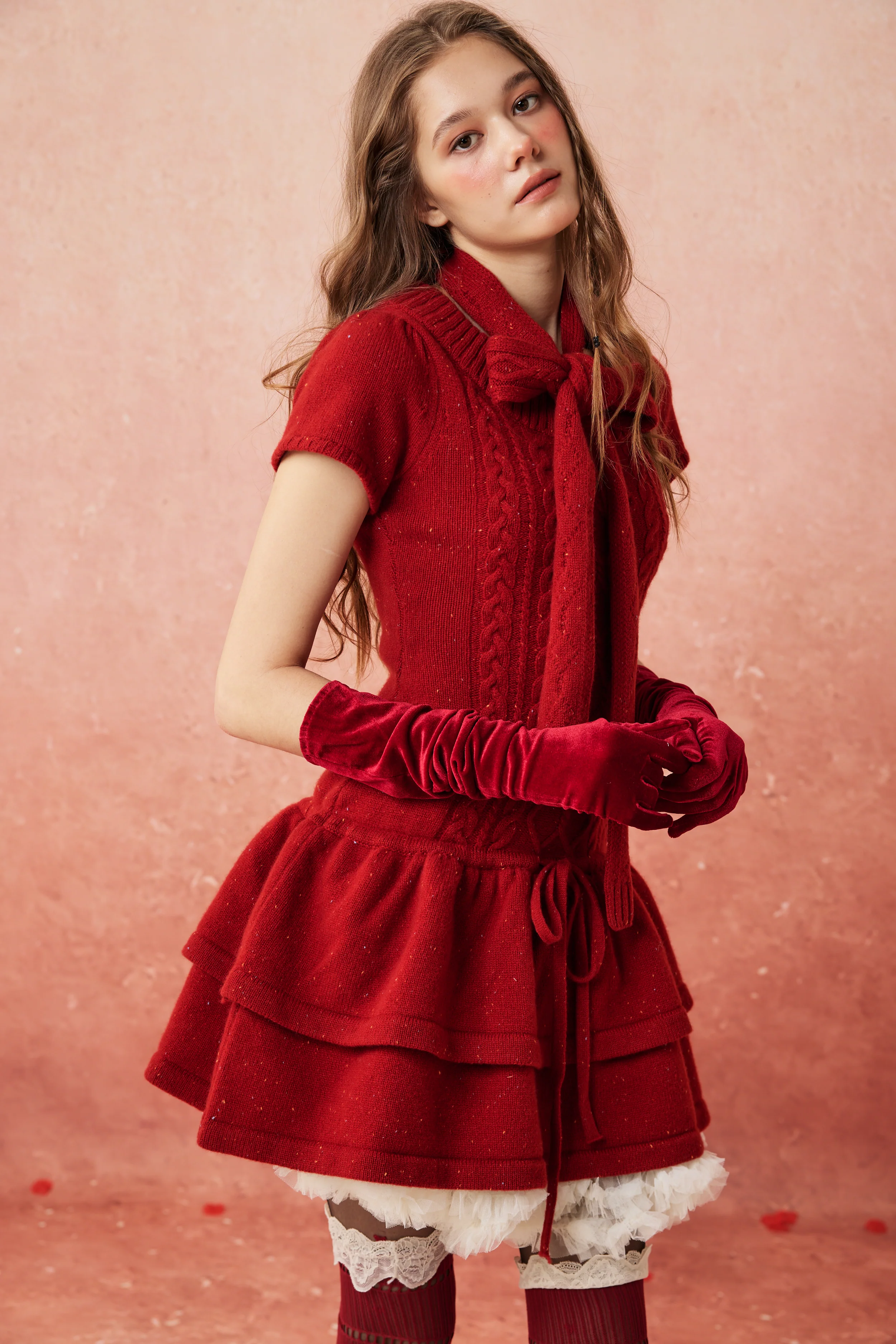 Lilypond 13 | 100% Wool Cable Knit Tiered Dress with scarf - Image 13
