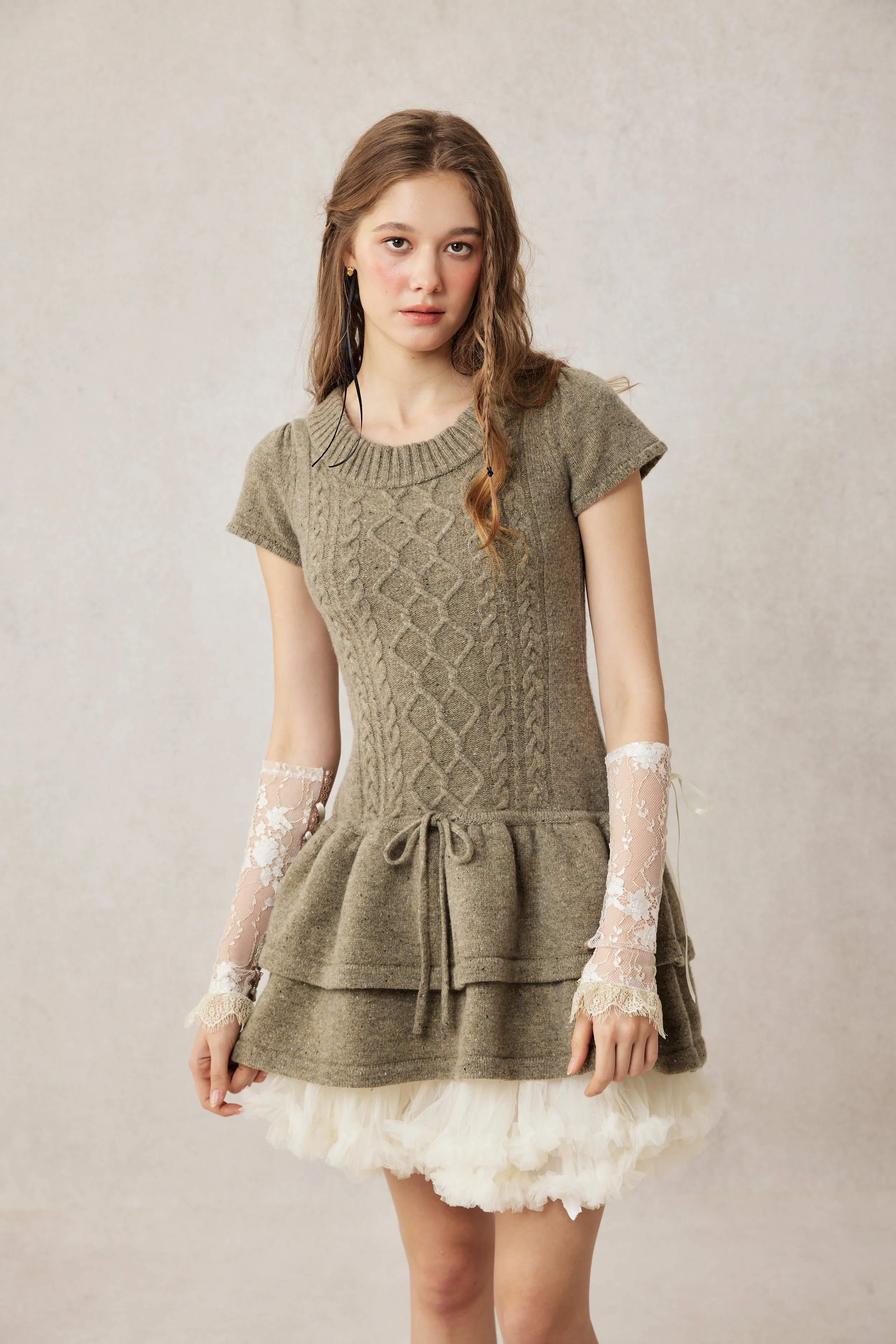 Lilypond 13 | 100% Wool Cable Knit Tiered Dress with scarf - Image 14