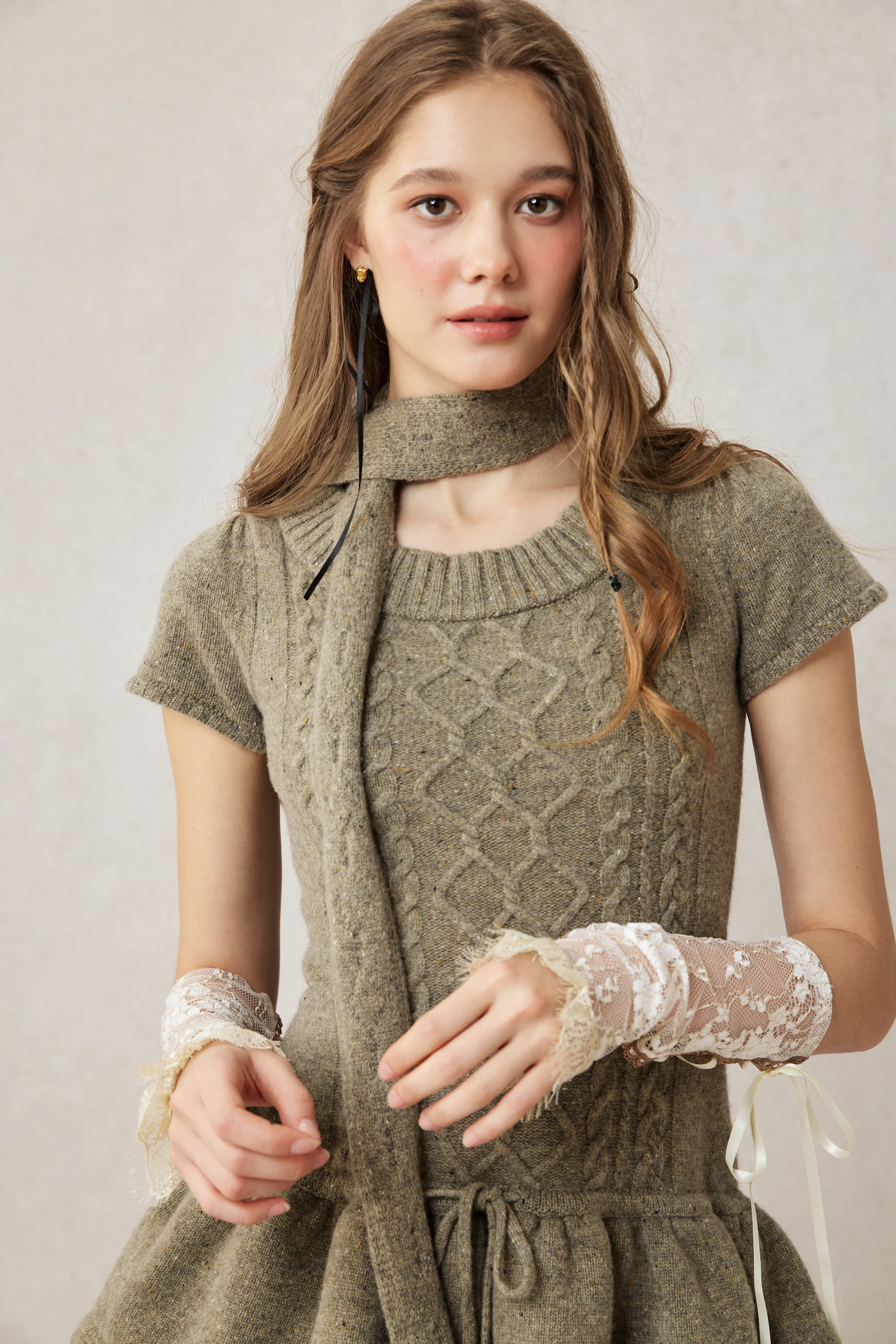 Lilypond 13 | 100% Wool Cable Knit Tiered Dress with scarf - Image 16