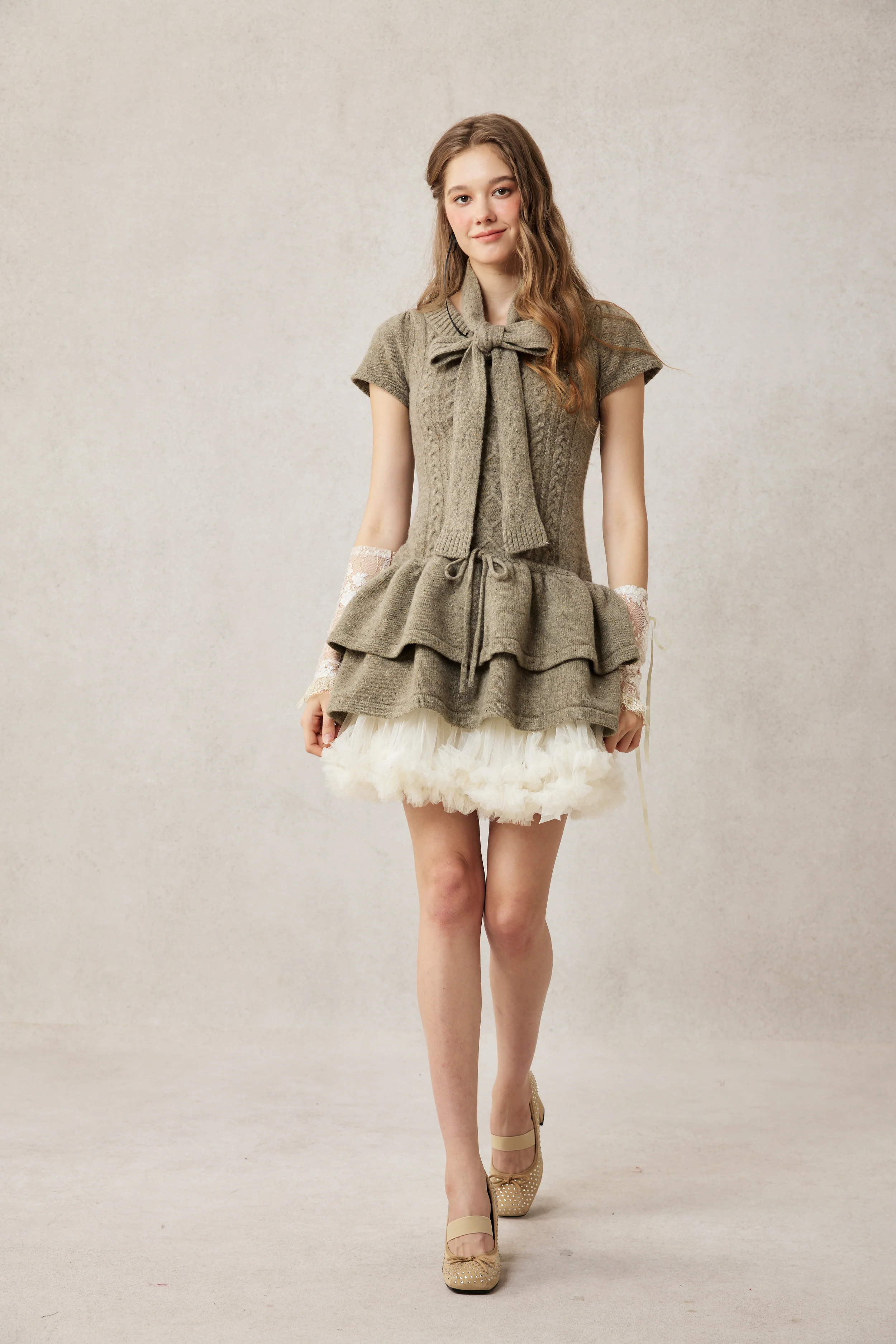 Lilypond 13 | 100% Wool Cable Knit Tiered Dress with scarf - Image 19