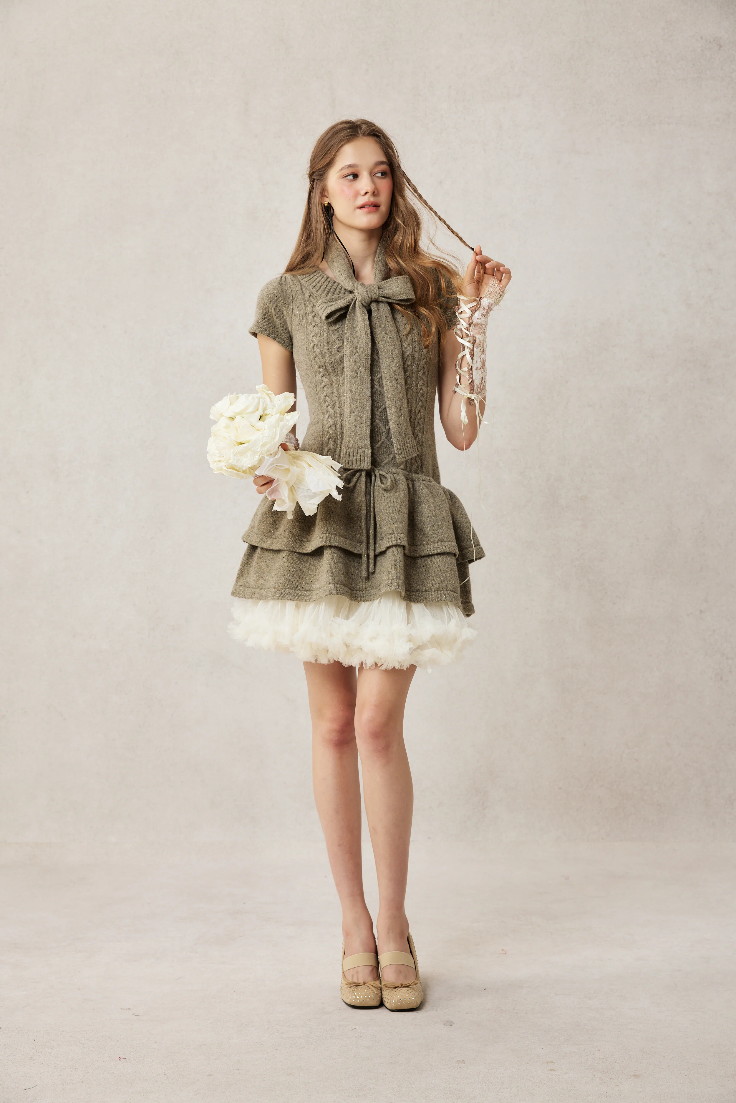 Lilypond 13 | 100% Wool Cable Knit Tiered Dress with scarf - Image 3