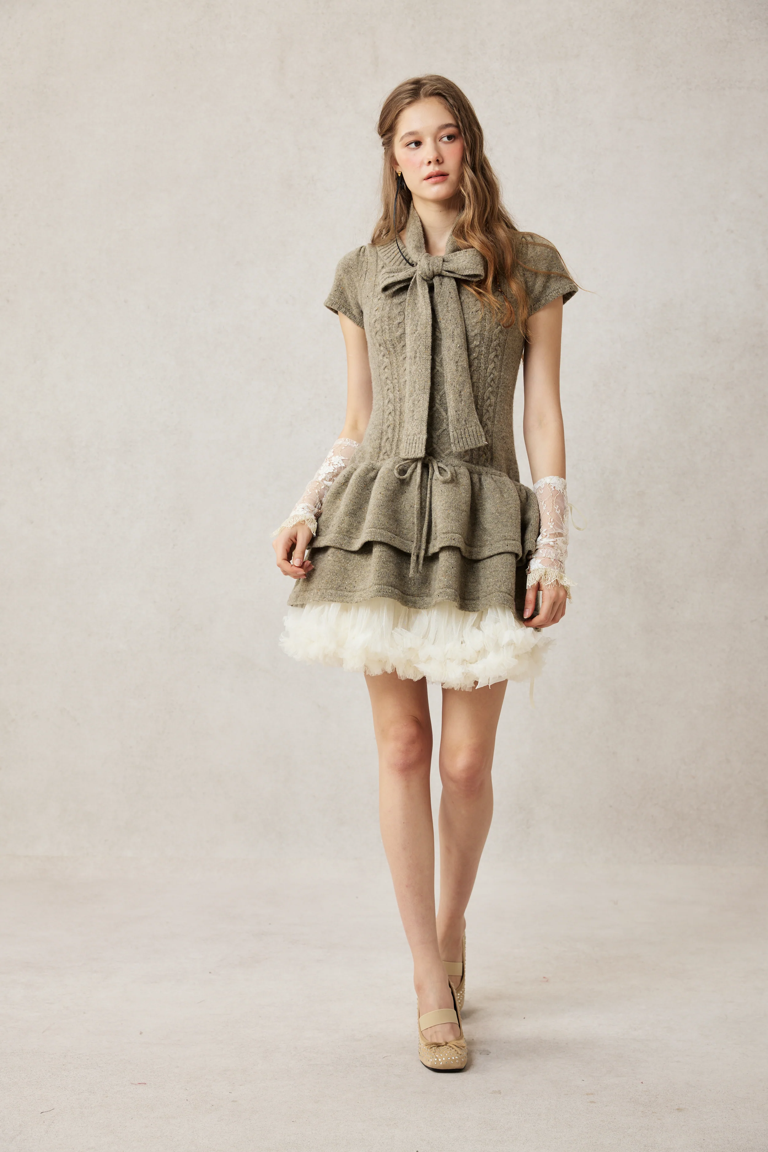 Lilypond 13 | 100% Wool Cable Knit Tiered Dress with scarf - Image 6