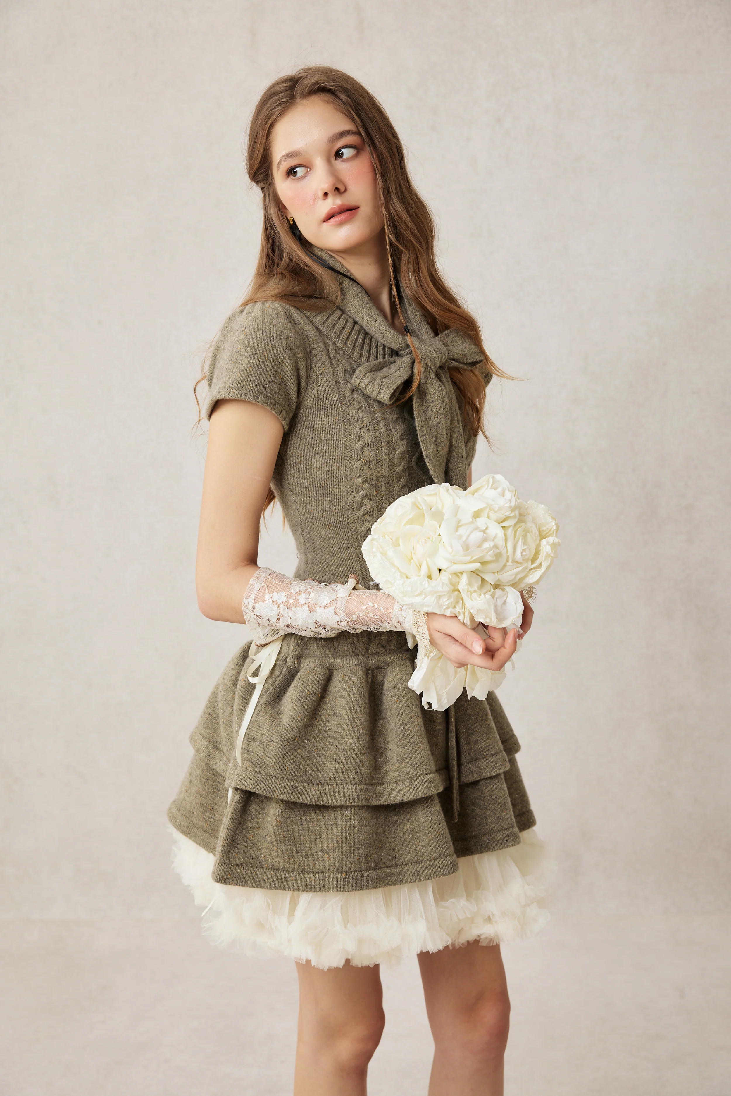 Lilypond 13 | 100% Wool Cable Knit Tiered Dress with scarf - Image 7