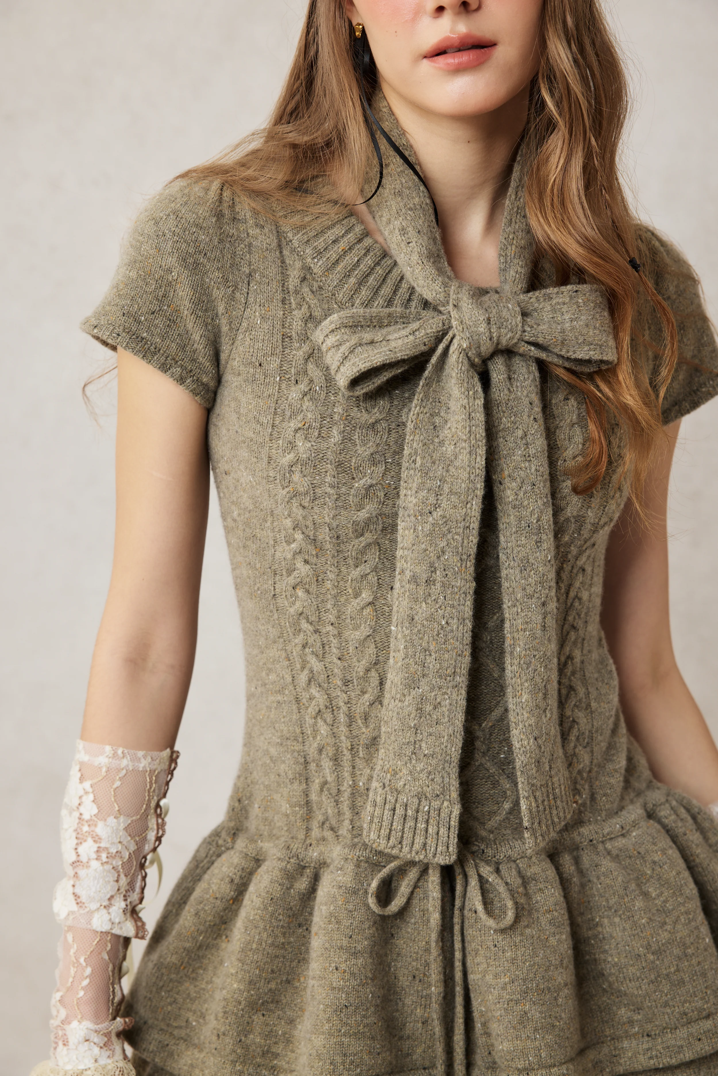Lilypond 13 | 100% Wool Cable Knit Tiered Dress with scarf - Image 8