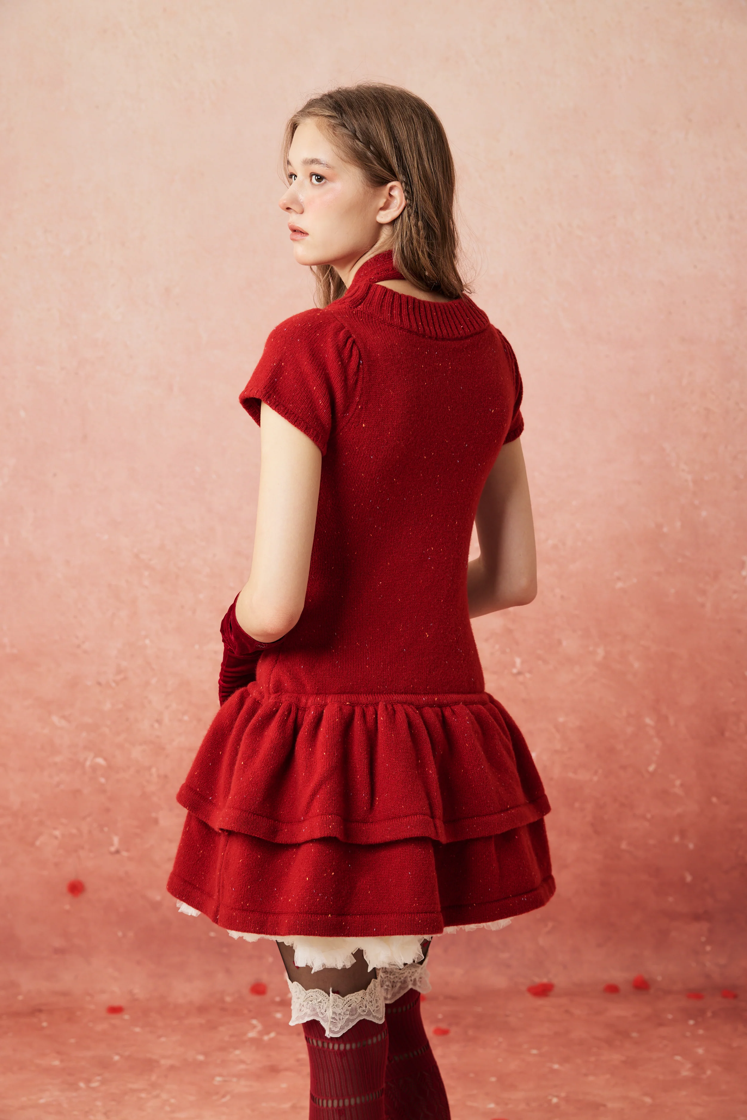 Lilypond 13 | 100% Wool Cable Knit Tiered Dress with scarf - Image 14