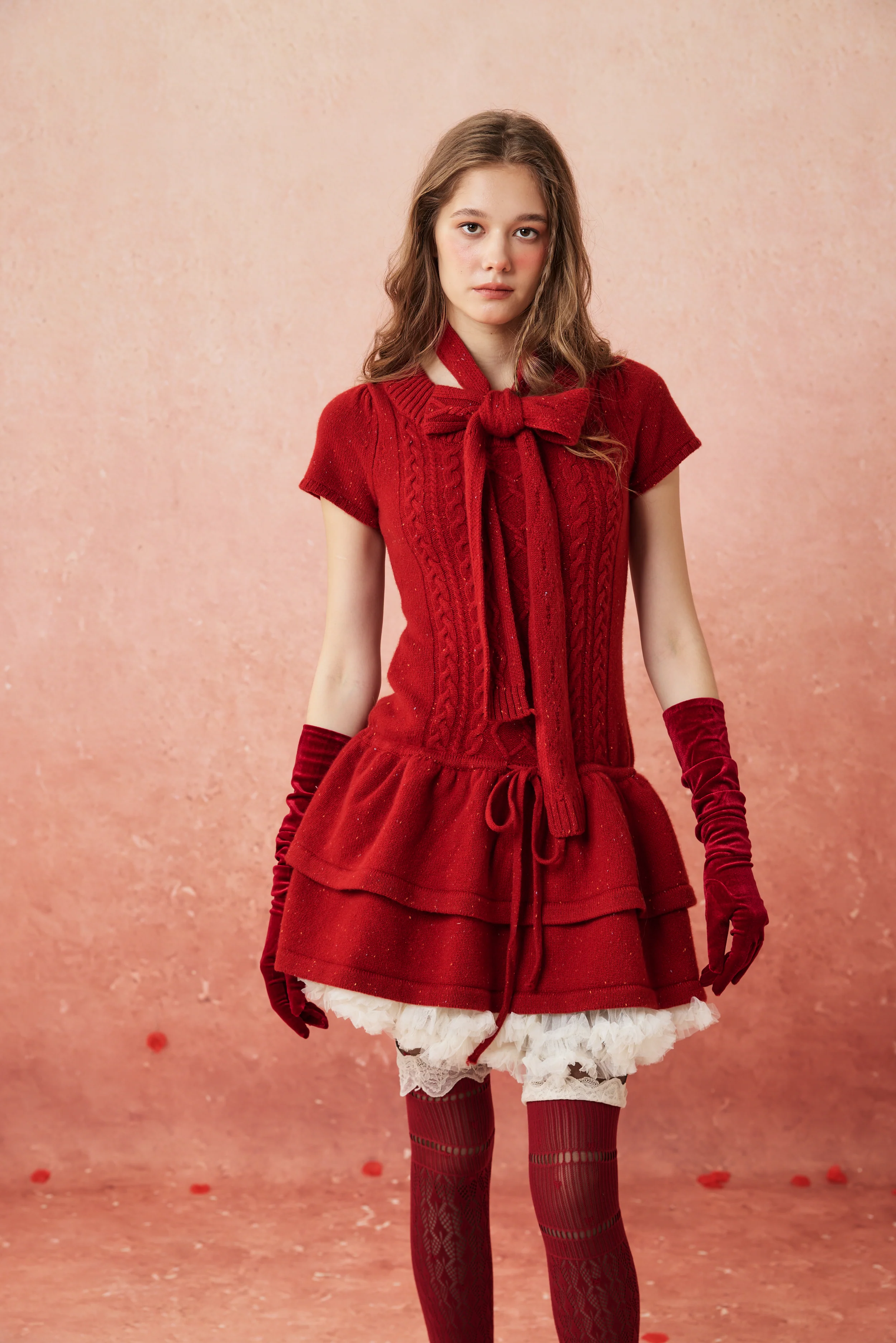 Lilypond 13 | 100% Wool Cable Knit Tiered Dress with scarf - Image 15