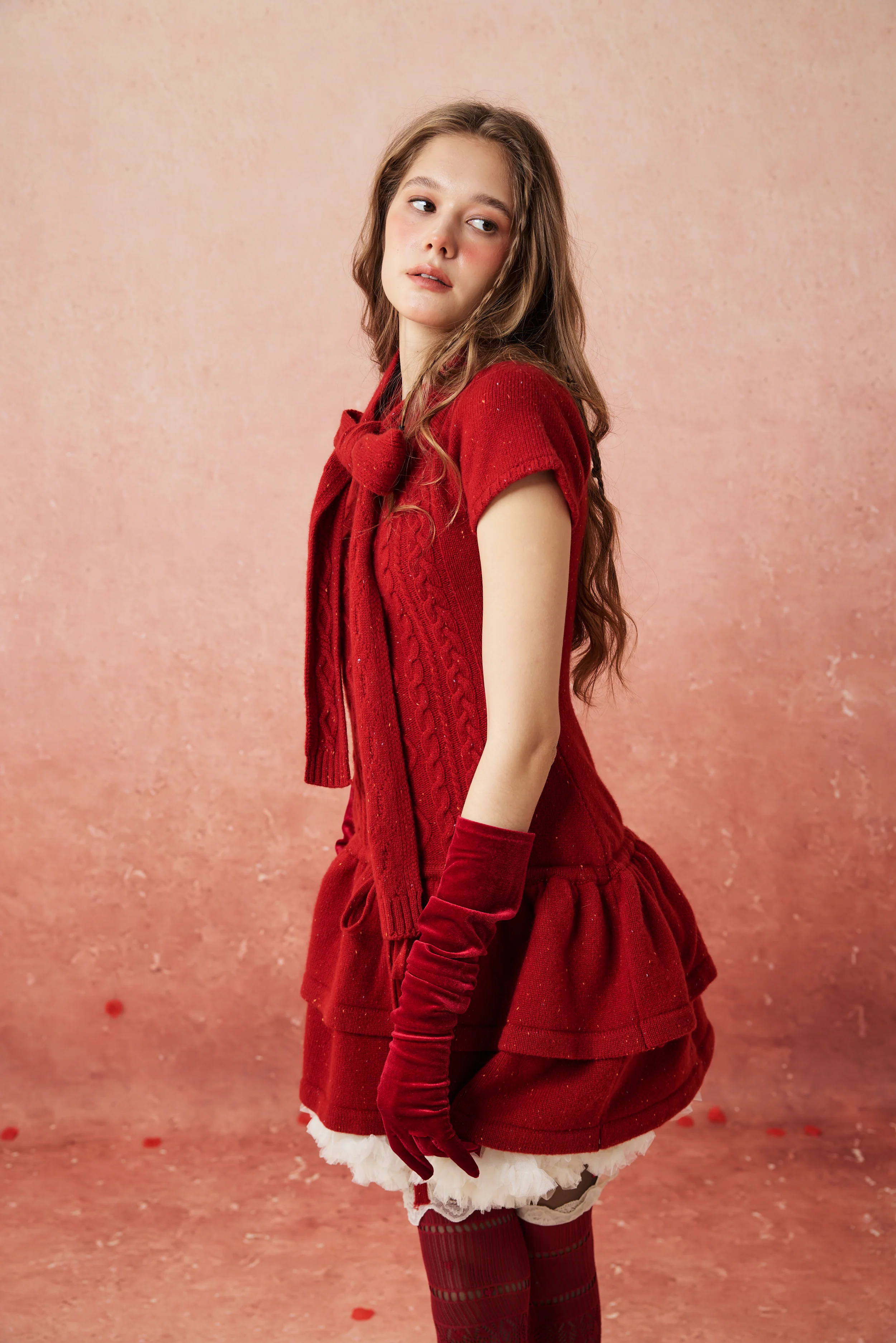 Lilypond 13 | 100% Wool Cable Knit Tiered Dress with scarf - Image 16