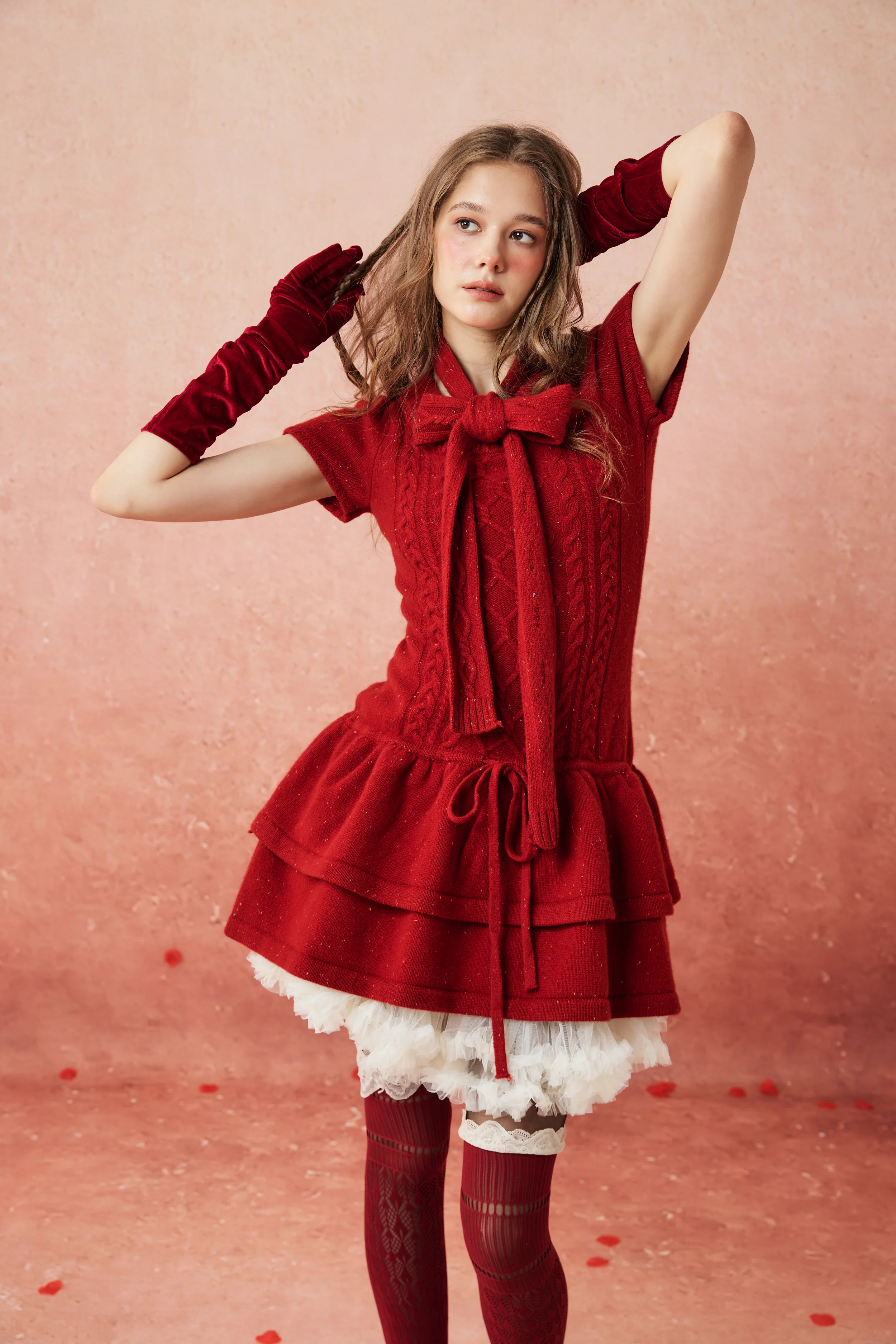 Lilypond 13 | 100% Wool Cable Knit Tiered Dress with scarf - Image 17