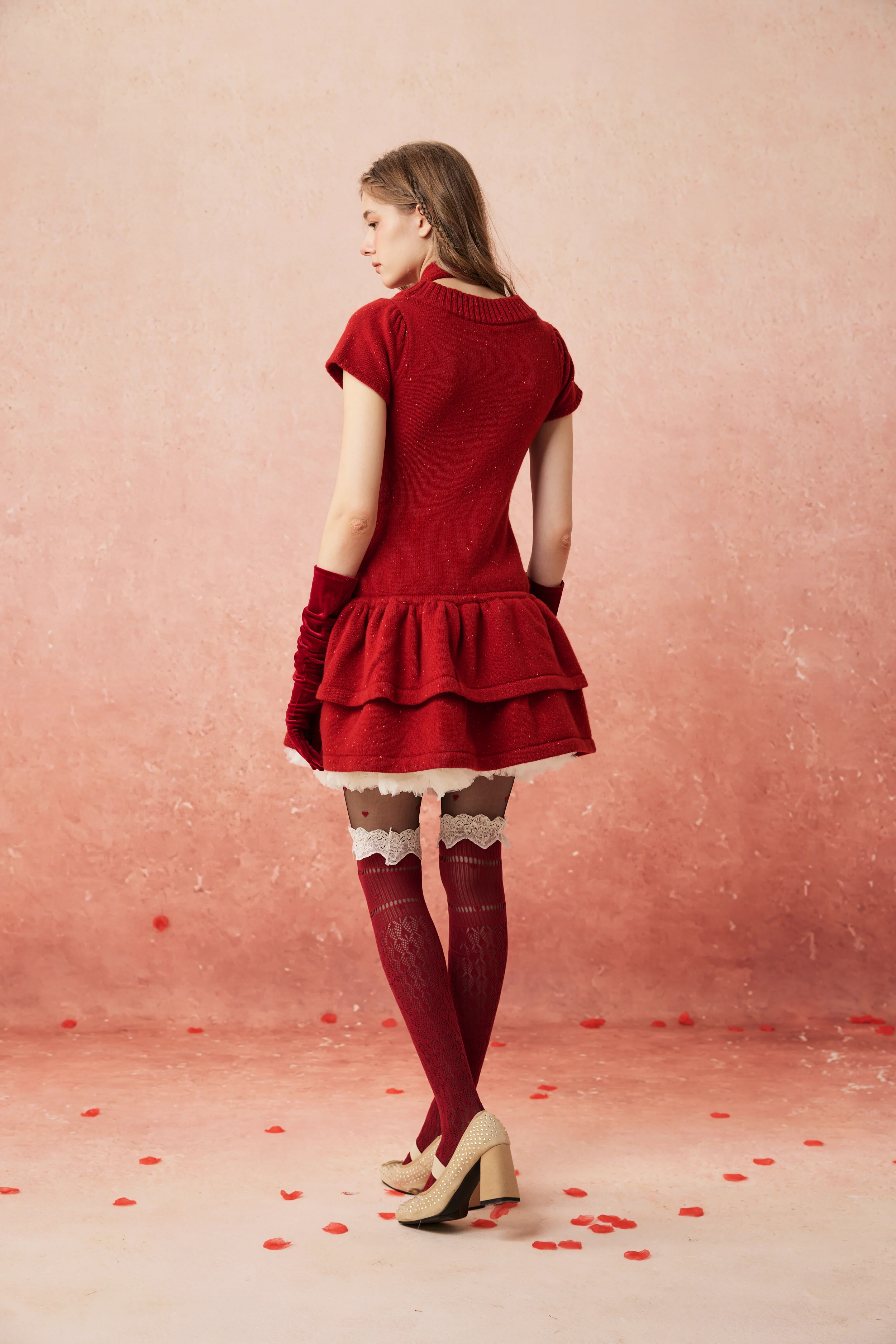 Lilypond 13 | 100% Wool Cable Knit Tiered Dress with scarf - Image 18