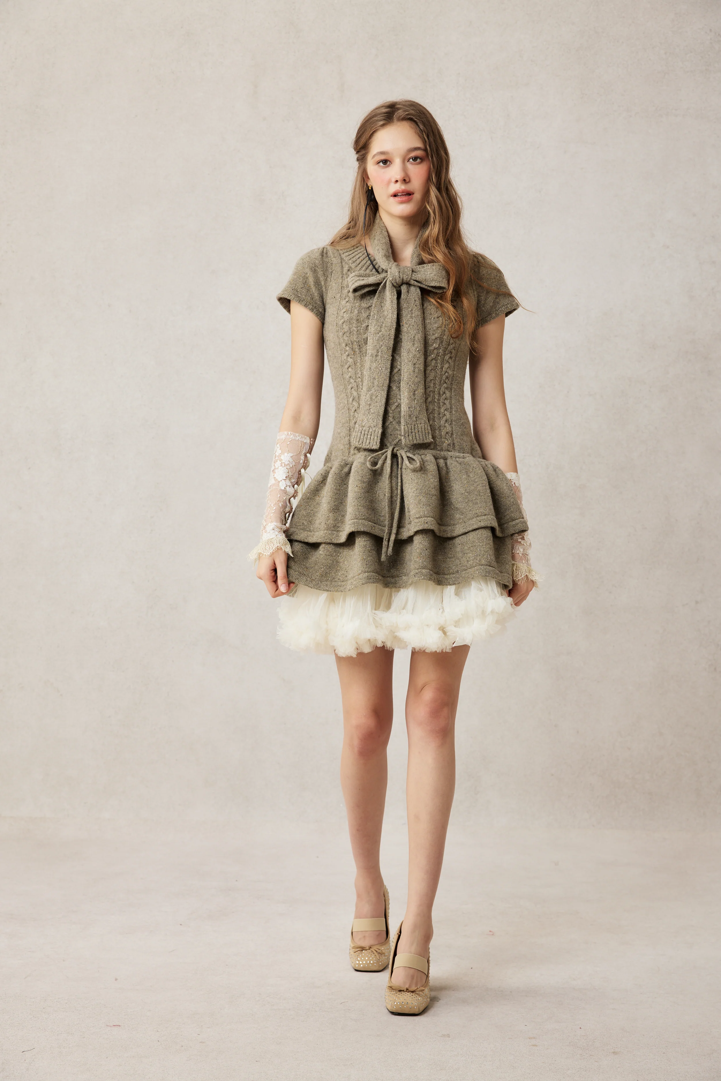 Lilypond 13 | 100% Wool Cable Knit Tiered Dress with scarf - Image 21