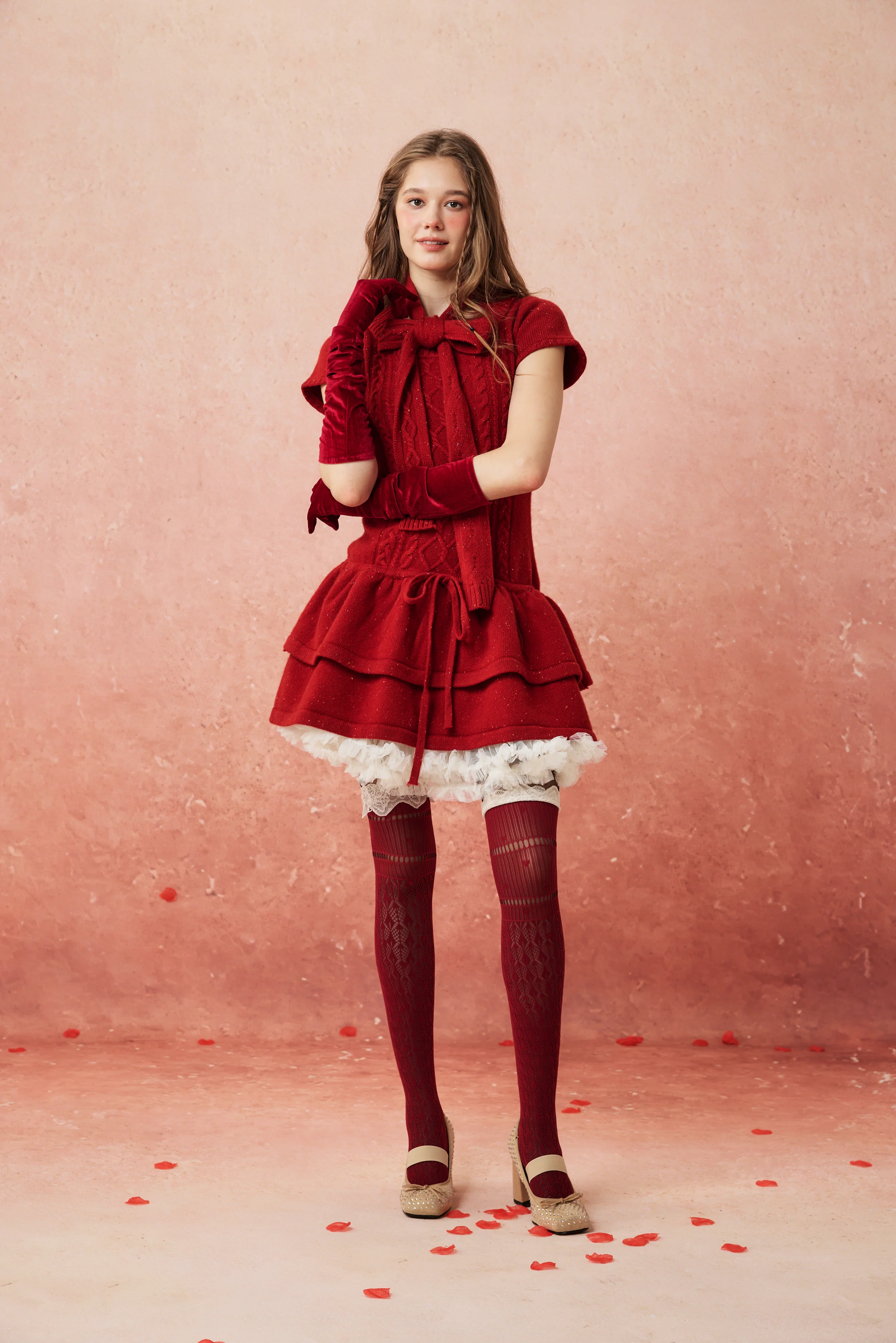 Lilypond 13 | 100% Wool Cable Knit Tiered Dress with scarf - Image 4