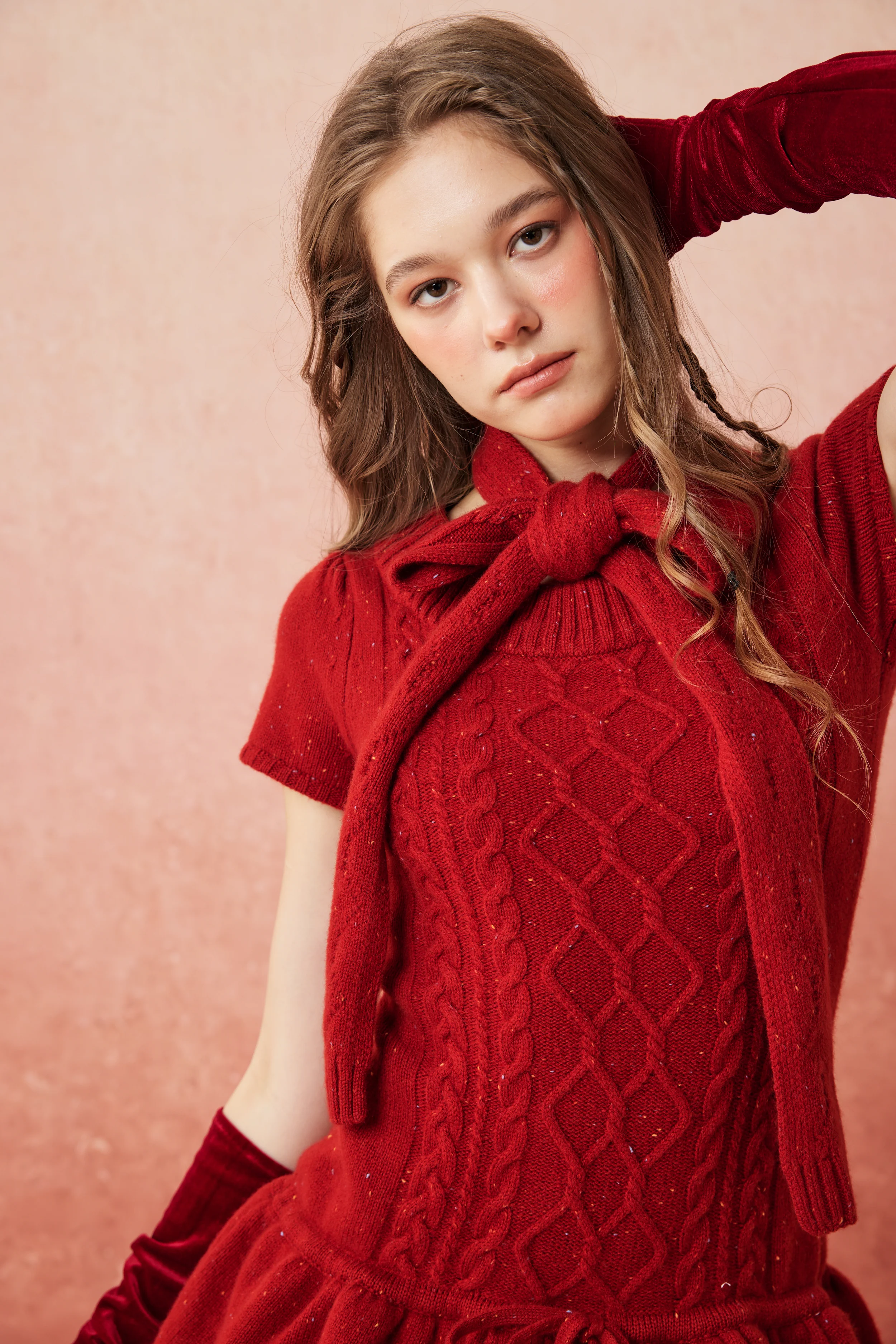Lilypond 13 | 100% Wool Cable Knit Tiered Dress with scarf - Image 6