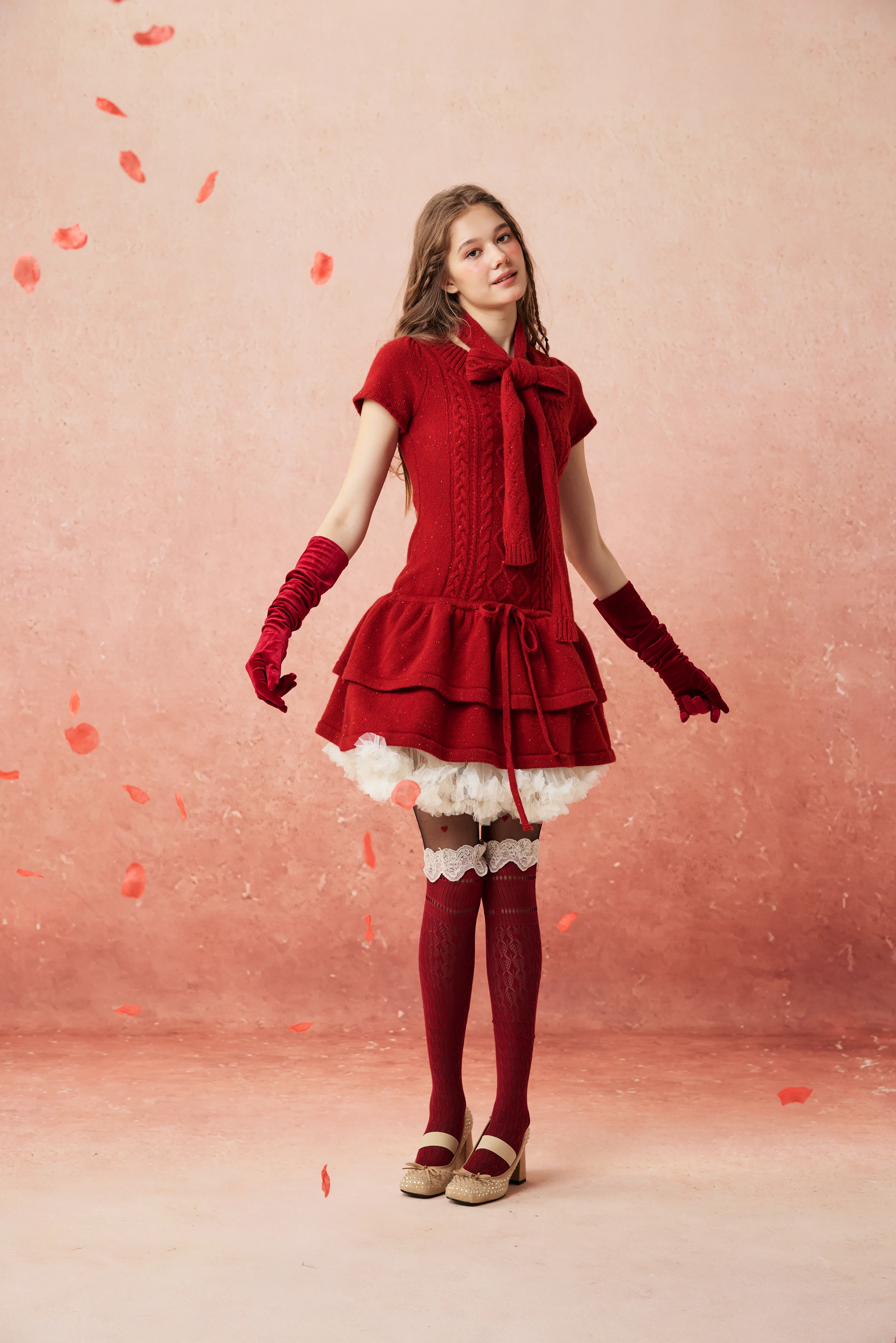 Lilypond 13 | 100% Wool Cable Knit Tiered Dress with scarf - Image 7