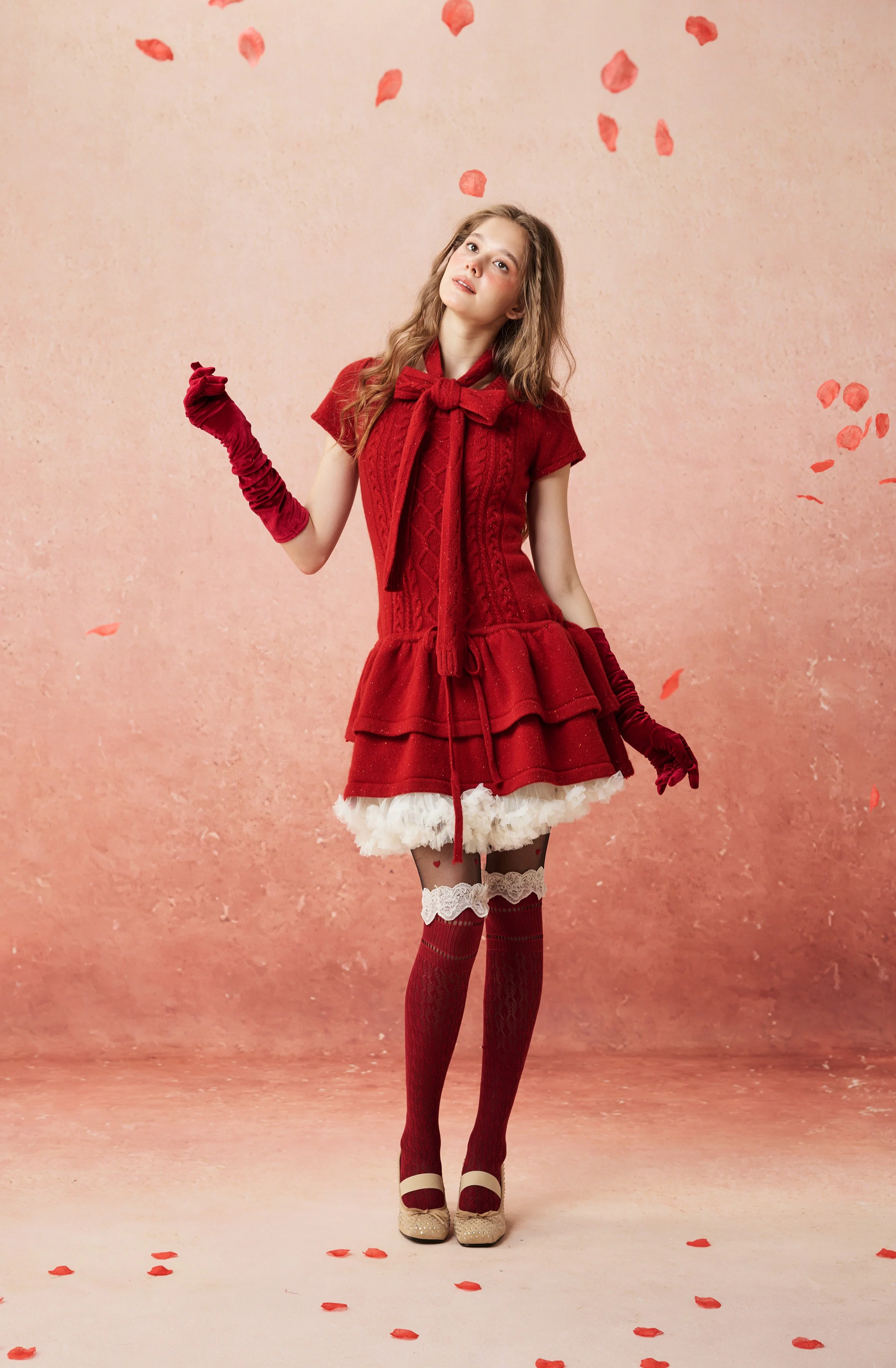 Lilypond 13 | 100% Wool Cable Knit Tiered Dress with scarf - Image 8