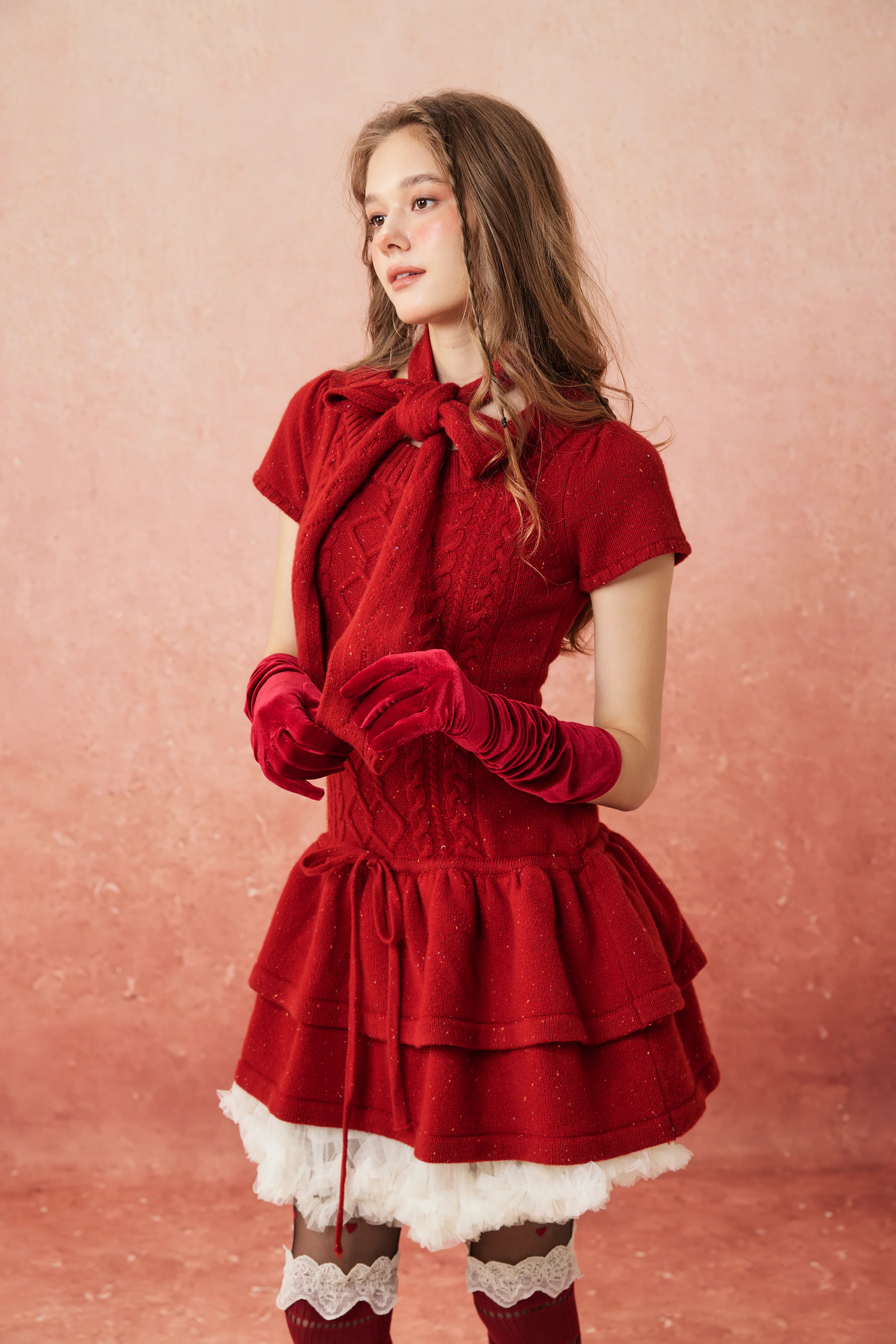 Lilypond 13 | 100% Wool Cable Knit Tiered Dress with scarf - Image 9