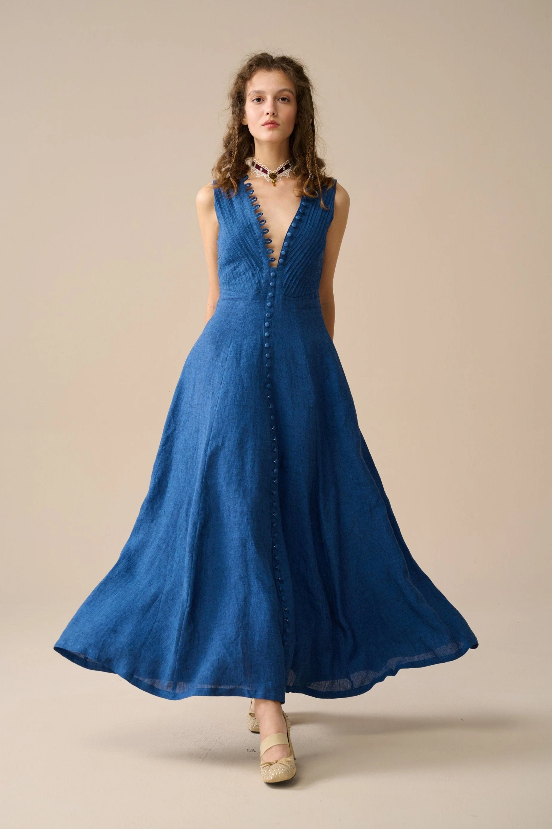 Rebecca 18 | Pleated Maxi Linen Dress - Image 3
