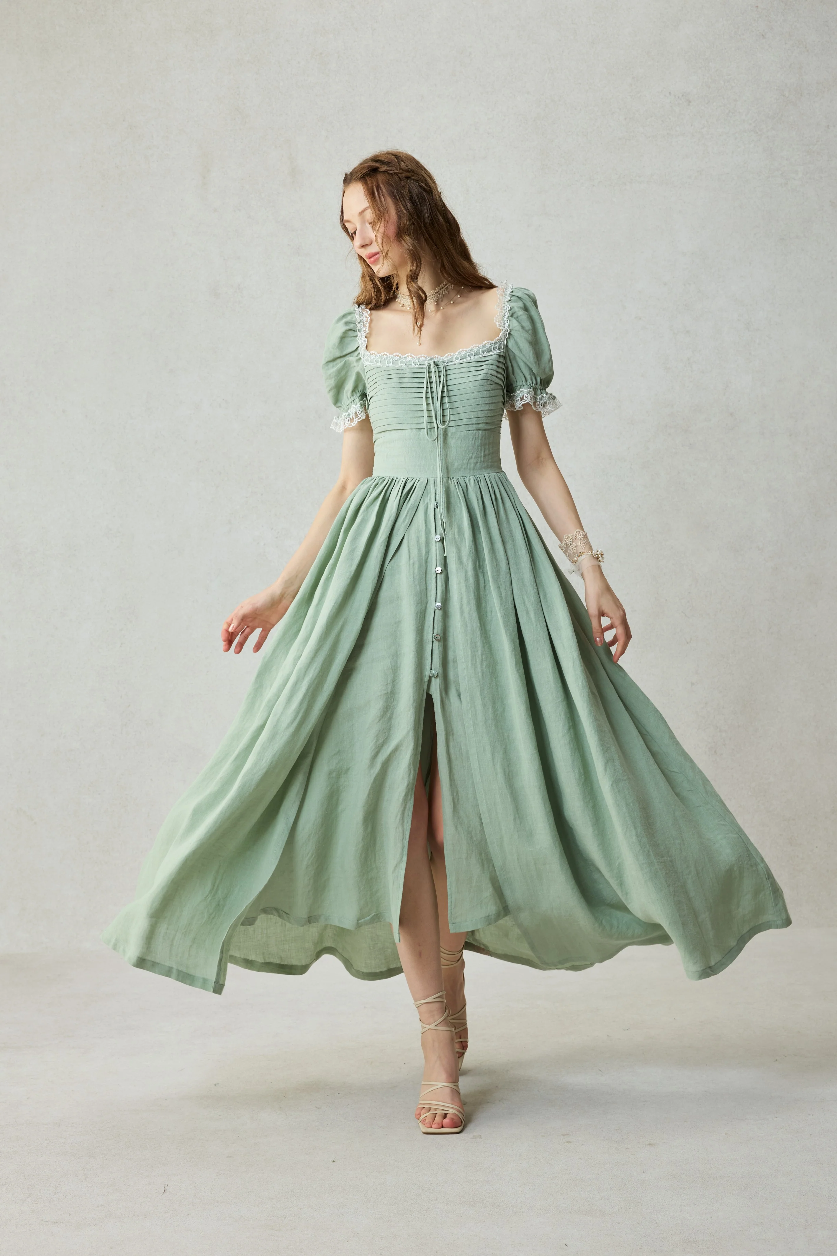 Monet Haze 26 | Fairy layered Linen Dress with pintucks - Image 18