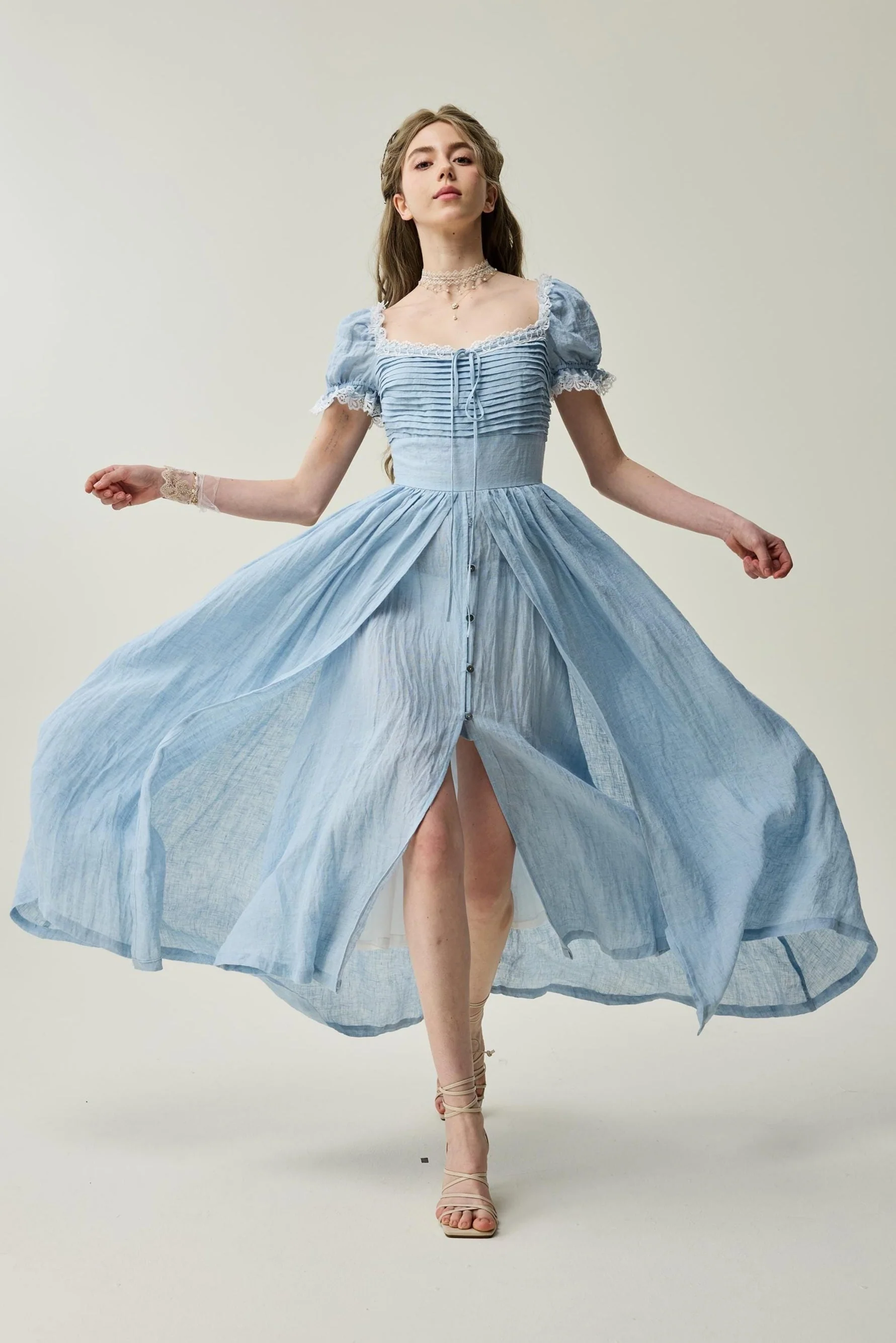Monet Haze 26 | Fairy layered Linen Dress with pintucks - Image 16