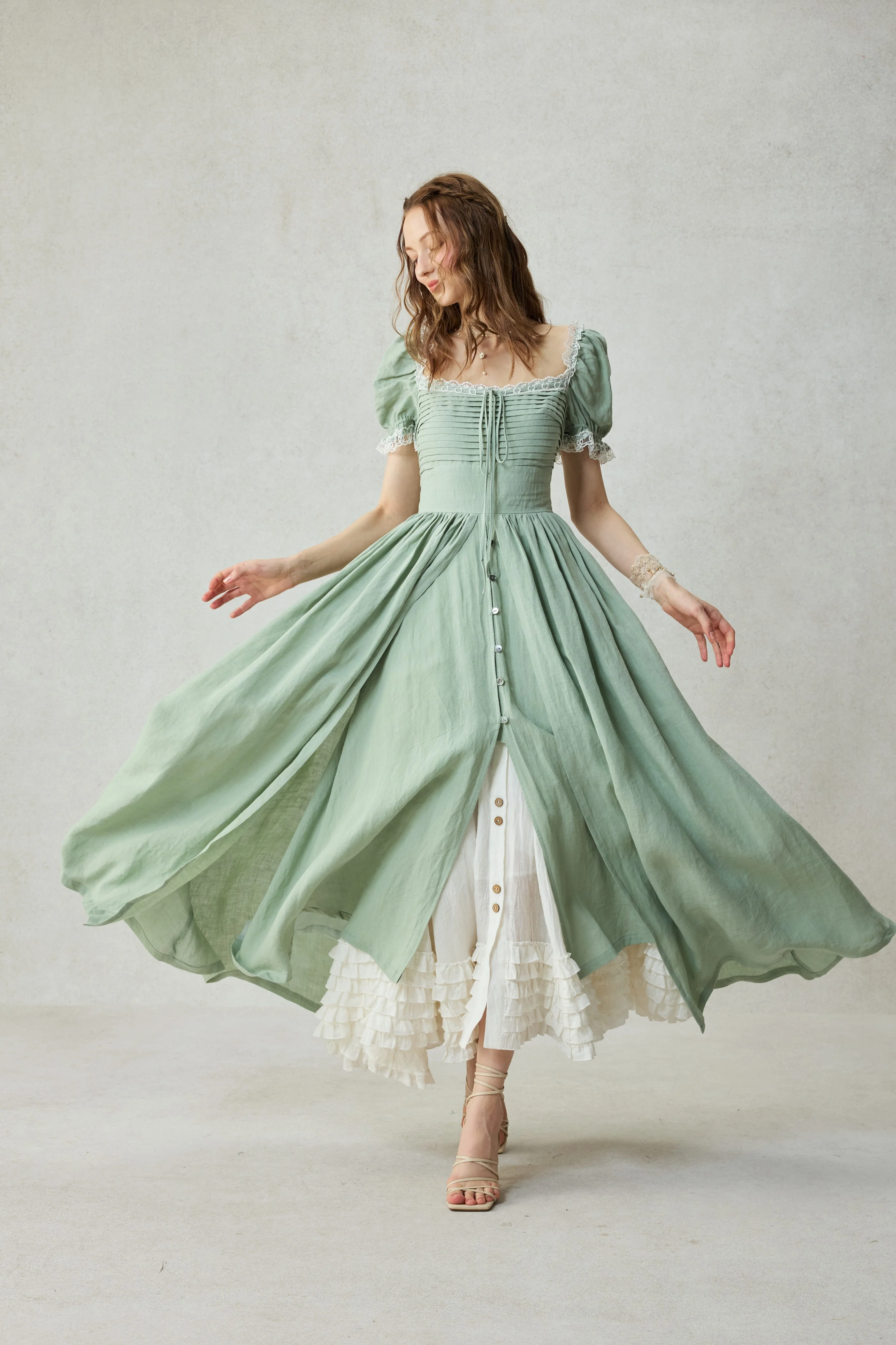 Monet Haze 26 | Fairy layered Linen Dress with pintucks - Image 14