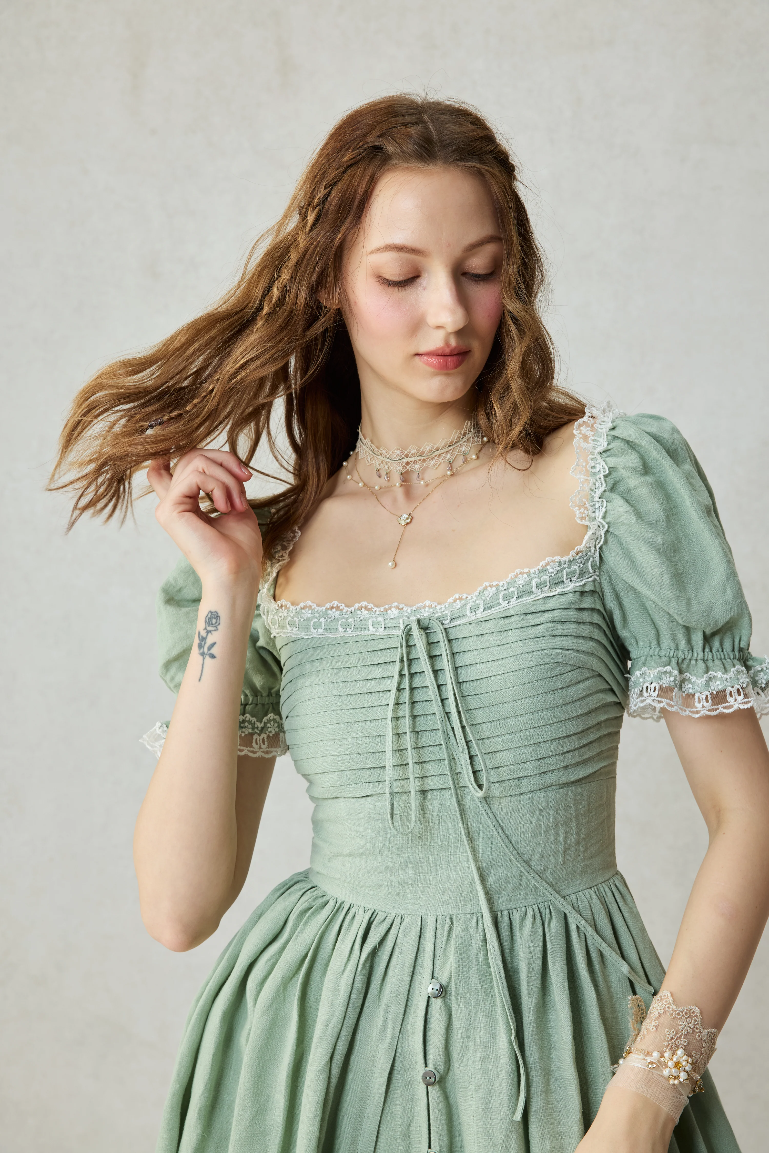 Monet Haze 26 | Fairy layered Linen Dress with pintucks - Image 6