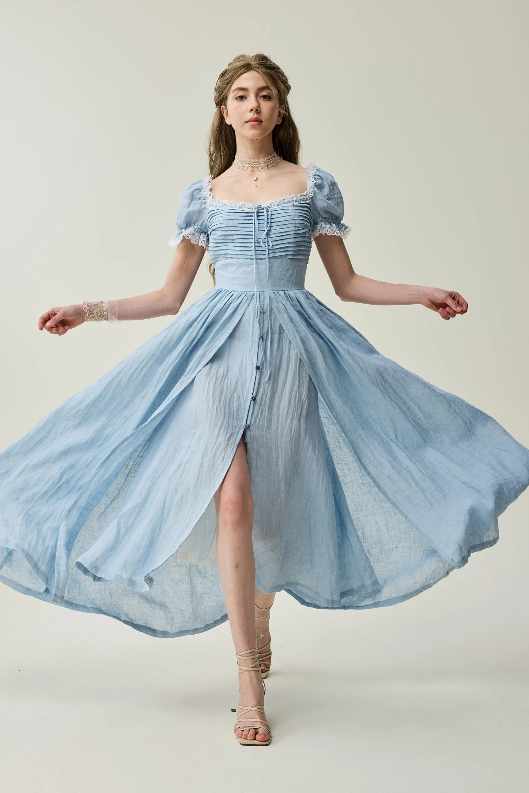 Monet Haze 26 | Fairy layered Linen Dress with pintucks - Image 4