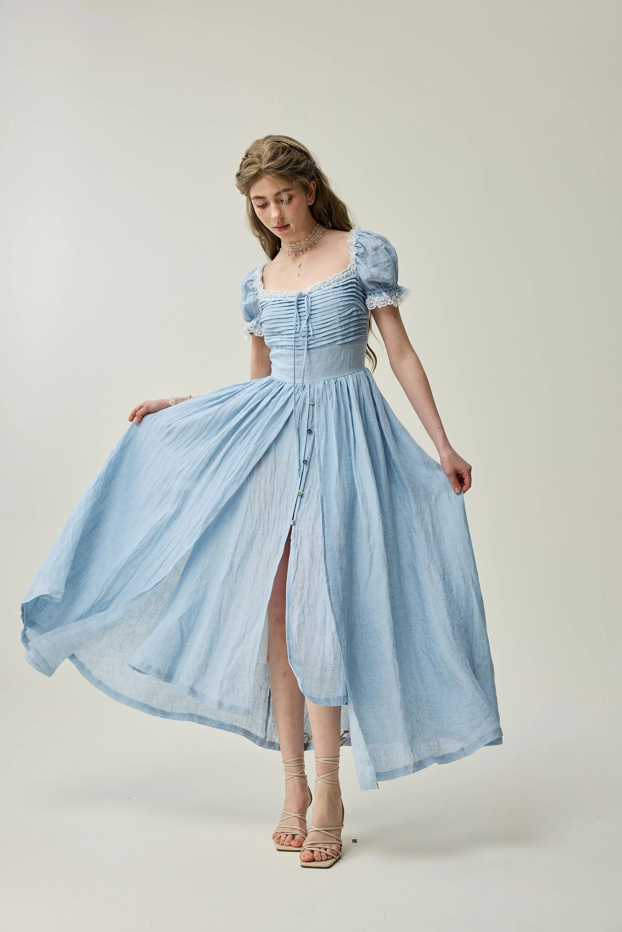 Monet Haze 26 | Fairy layered Linen Dress with pintucks - Image 5