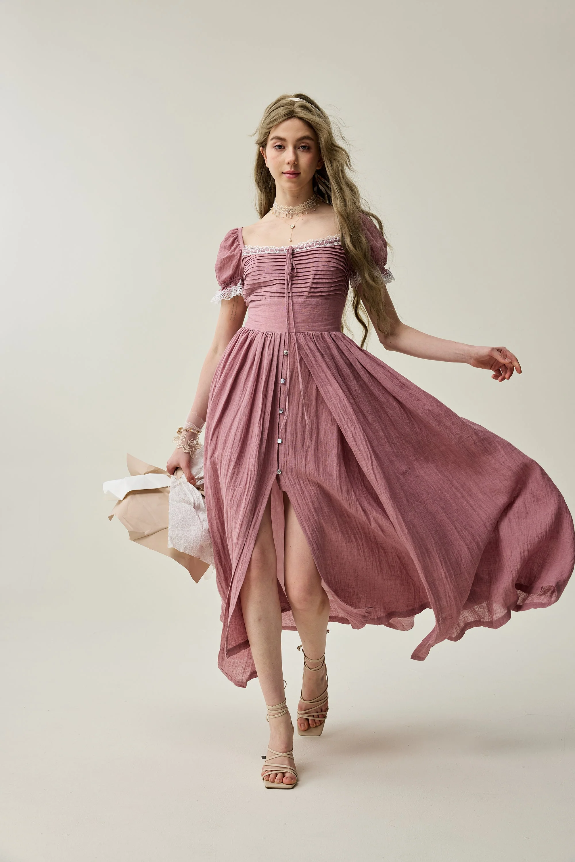 Monet Haze 26 | Fairy layered Linen Dress with pintucks - Image 17